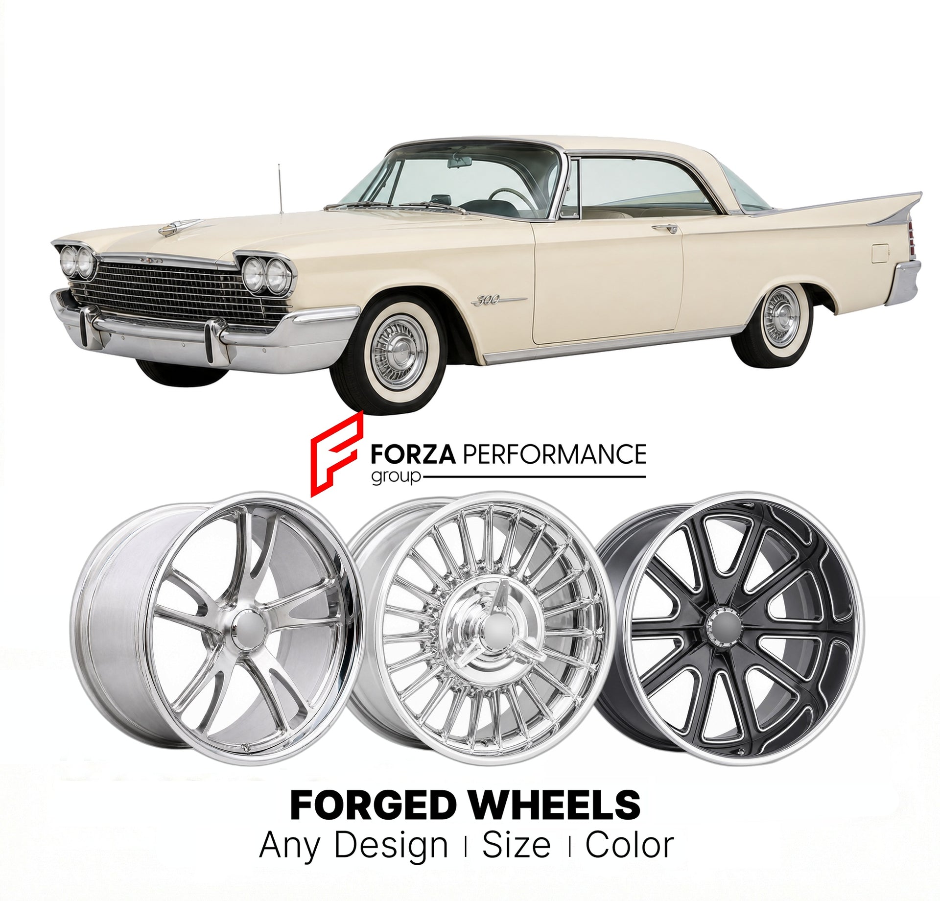 CUSTOM CLASSIC VINTAGE RESTOMOD RETRO OLD SCHOOL FORGED WHEELS RIMS for CHRYSLER 300D 1958 - 1958
Custom forged wheels for classic American muscle cars. Ideal for restomod builds, vintage restorations, and show cars. Deep dish and retro styling available.

We manufacture premium quality forged wheels rims for Chrysler 300D 1958 - 1958 in any design, size, color.

THIS WHEEL DESIGN CAN BE CUSTOM-MADE FOR YOUR CAR IN ANY SIZE AND COLOR OPTIONS
Available in monoblock, 2-piece, 3-piece, duoblock, beadlock
3D wh