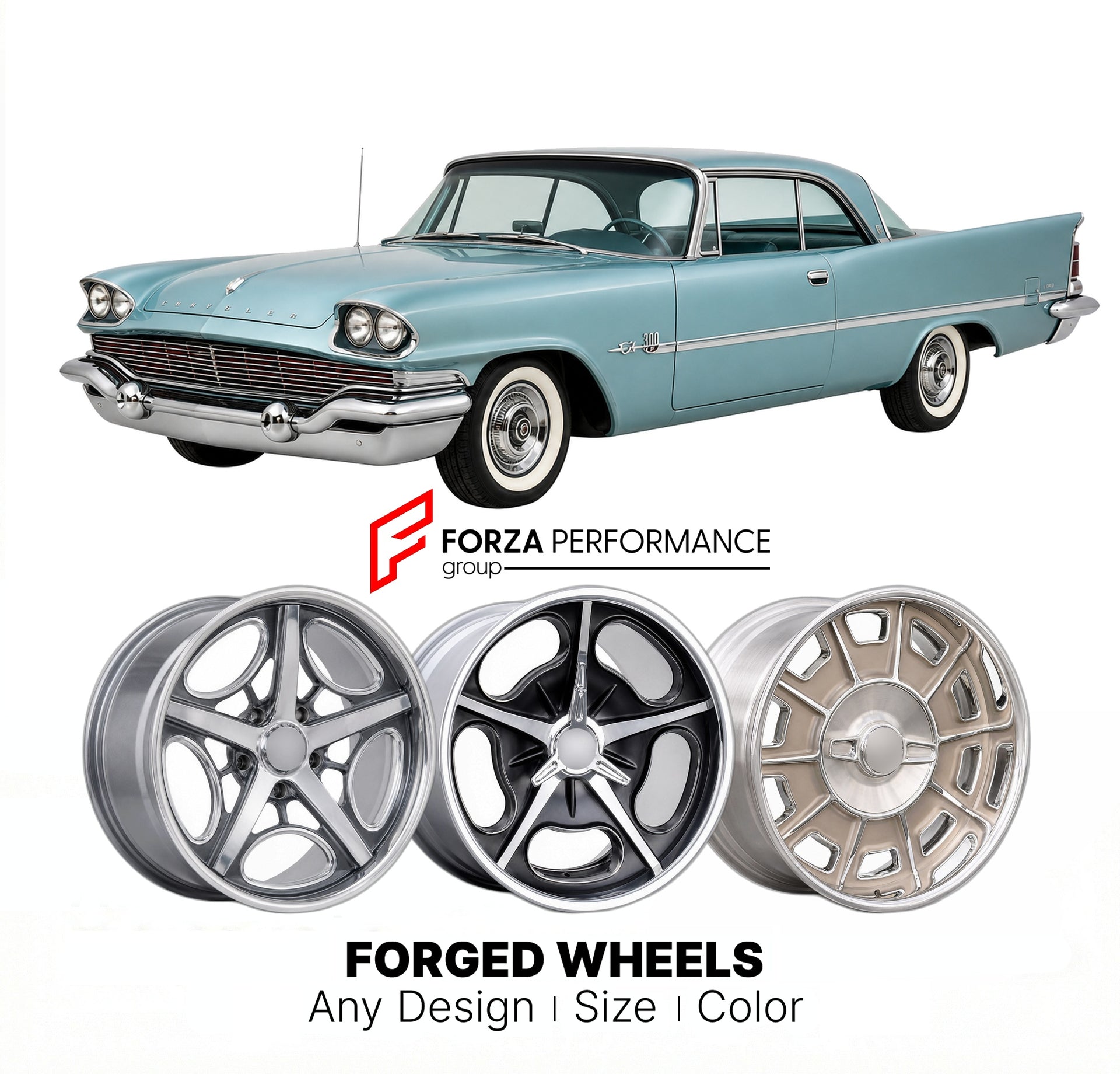 CUSTOM CLASSIC VINTAGE RESTOMOD RETRO OLD SCHOOL FORGED WHEELS RIMS for CHRYSLER 300E 1959 - 1959
Custom forged wheels for classic American muscle cars. Ideal for restomod builds, vintage restorations, and show cars. Deep dish and retro styling available.

We manufacture premium quality forged wheels rims for Chrysler 300E 1959 - 1959 in any design, size, color.

THIS WHEEL DESIGN CAN BE CUSTOM-MADE FOR YOUR CAR IN ANY SIZE AND COLOR OPTIONS
Available in monoblock, 2-piece, 3-piece, duoblock, beadlock
3D wh