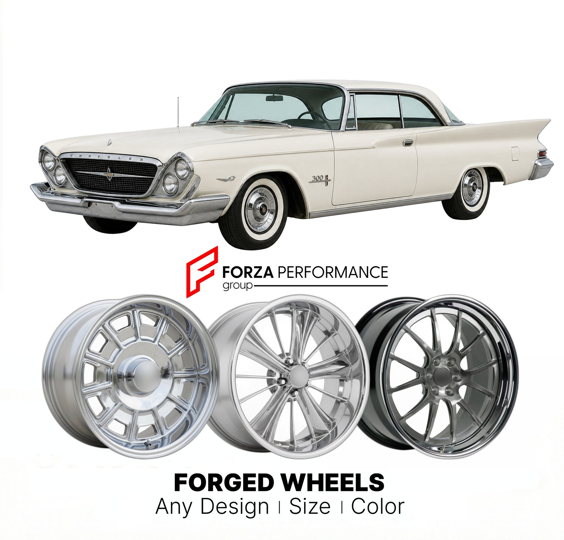 CUSTOM CLASSIC VINTAGE RESTOMOD RETRO OLD SCHOOL FORGED WHEELS RIMS for CHRYSLER 300G 1961 - 1961
Custom forged wheels for classic American muscle cars. Ideal for restomod builds, vintage restorations, and show cars. Deep dish and retro styling available.

We manufacture premium quality forged wheels rims for Chrysler 300G 1961 - 1961 in any design, size, color.

THIS WHEEL DESIGN CAN BE CUSTOM-MADE FOR YOUR CAR IN ANY SIZE AND COLOR OPTIONS
Available in monoblock, 2-piece, 3-piece, duoblock, beadlock
3D wh