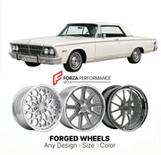 CUSTOM CLASSIC VINTAGE RESTOMOD RETRO OLD SCHOOL FORGED WHEELS RIMS for CHRYSLER 300J 1963 - 1963
Custom forged wheels for classic American muscle cars. Ideal for restomod builds, vintage restorations, and show cars. Deep dish and retro styling available.

We manufacture premium quality forged wheels rims for Chrysler 300J 1963 - 1963 in any design, size, color.

THIS WHEEL DESIGN CAN BE CUSTOM-MADE FOR YOUR CAR IN ANY SIZE AND COLOR OPTIONS
Available in monoblock, 2-piece, 3-piece, duoblock, beadlock
3D wh