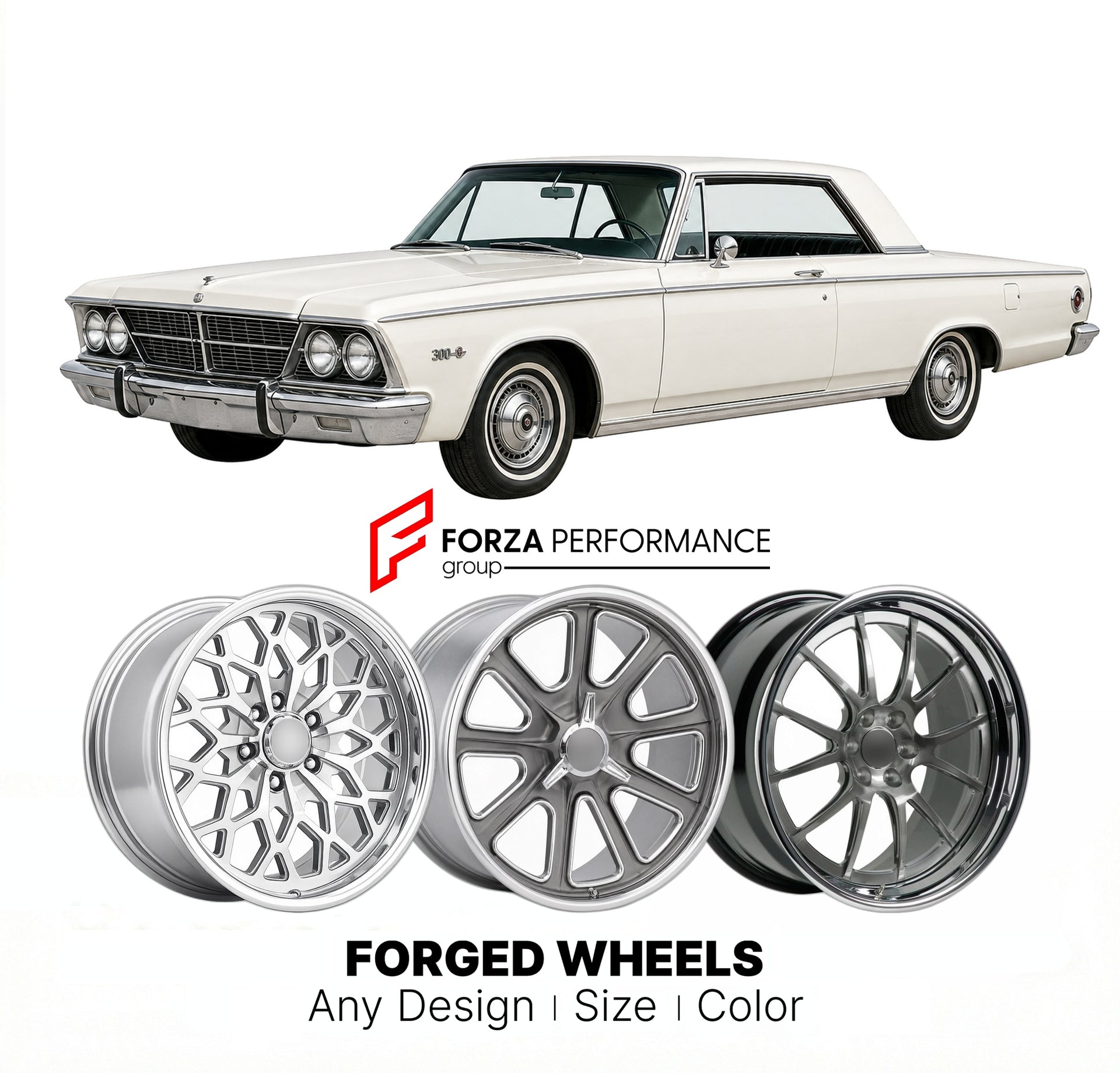 CUSTOM CLASSIC VINTAGE RESTOMOD RETRO OLD SCHOOL FORGED WHEELS RIMS for CHRYSLER 300J 1963 - 1963
Custom forged wheels for classic American muscle cars. Ideal for restomod builds, vintage restorations, and show cars. Deep dish and retro styling available.

We manufacture premium quality forged wheels rims for Chrysler 300J 1963 - 1963 in any design, size, color.

THIS WHEEL DESIGN CAN BE CUSTOM-MADE FOR YOUR CAR IN ANY SIZE AND COLOR OPTIONS
Available in monoblock, 2-piece, 3-piece, duoblock, beadlock
3D wh
