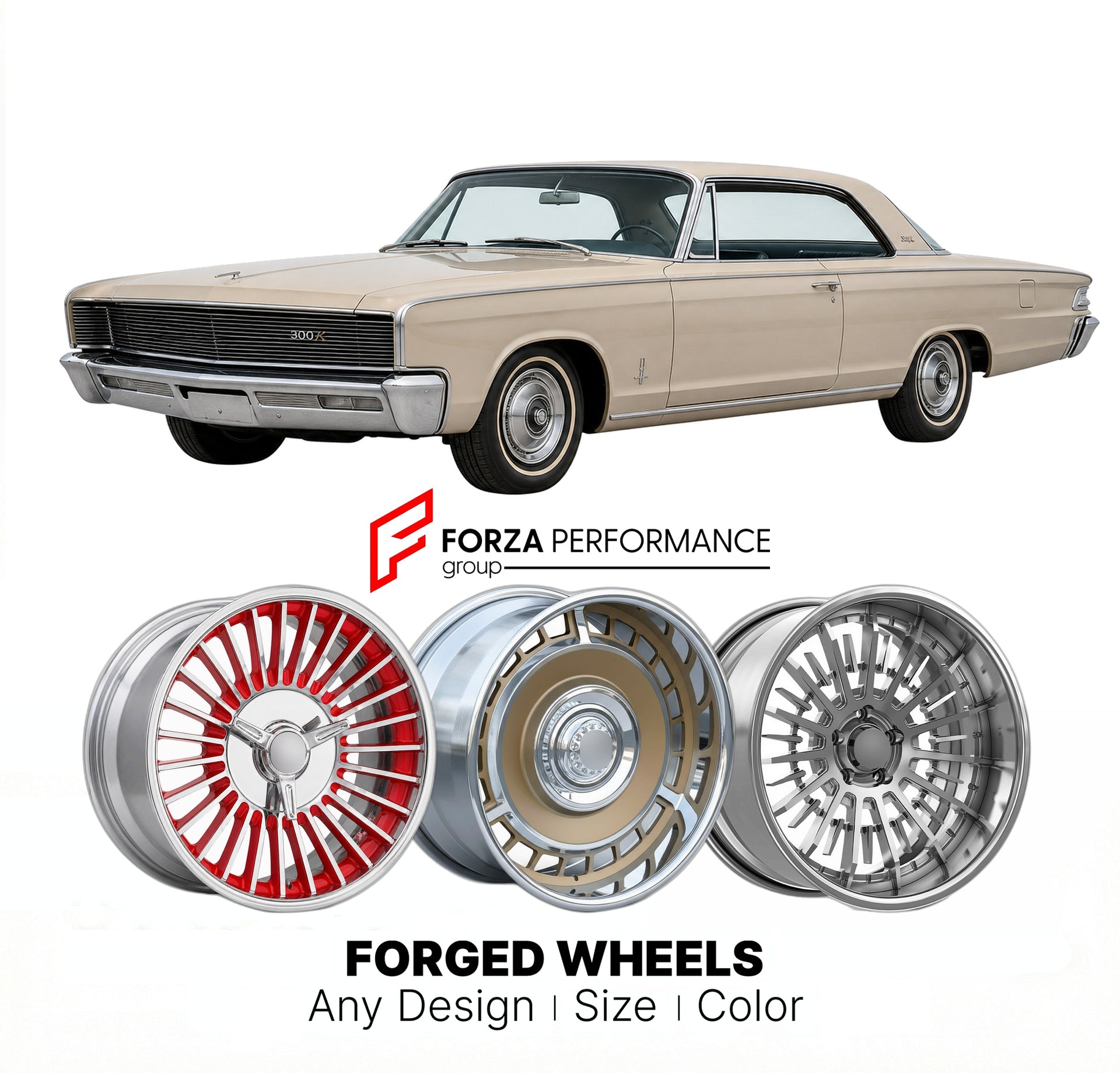 CUSTOM CLASSIC VINTAGE RESTOMOD RETRO OLD SCHOOL FORGED WHEELS RIMS for CHRYSLER 300K 1964 - 1964
Custom forged wheels for classic American muscle cars. Ideal for restomod builds, vintage restorations, and show cars. Deep dish and retro styling available.

We manufacture premium quality forged wheels rims for Chrysler 300K 1964 - 1964 in any design, size, color.

THIS WHEEL DESIGN CAN BE CUSTOM-MADE FOR YOUR CAR IN ANY SIZE AND COLOR OPTIONS
Available in monoblock, 2-piece, 3-piece, duoblock, beadlock
3D wh