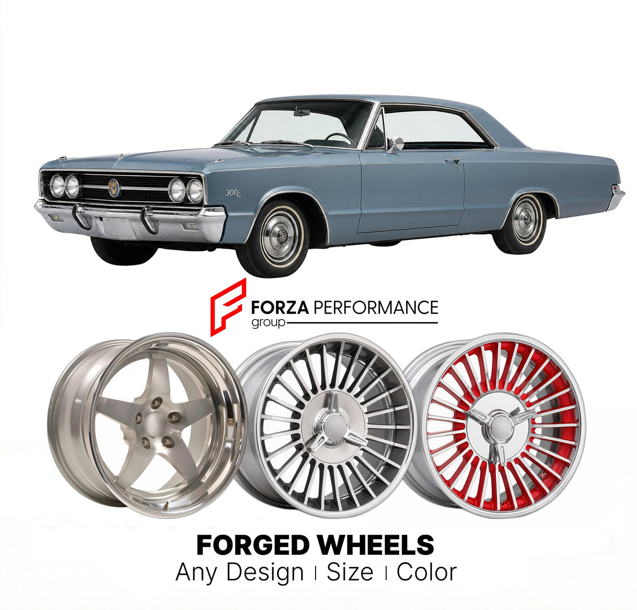 CUSTOM CLASSIC VINTAGE RESTOMOD RETRO OLD SCHOOL FORGED WHEELS RIMS for CHRYSLER 300L 1965 - 1965
Custom forged wheels for classic American muscle cars. Ideal for restomod builds, vintage restorations, and show cars. Deep dish and retro styling available.

We manufacture premium quality forged wheels rims for Chrysler 300L 1965 - 1965 in any design, size, color.

THIS WHEEL DESIGN CAN BE CUSTOM-MADE FOR YOUR CAR IN ANY SIZE AND COLOR OPTIONS
Available in monoblock, 2-piece, 3-piece, duoblock, beadlock
3D wh