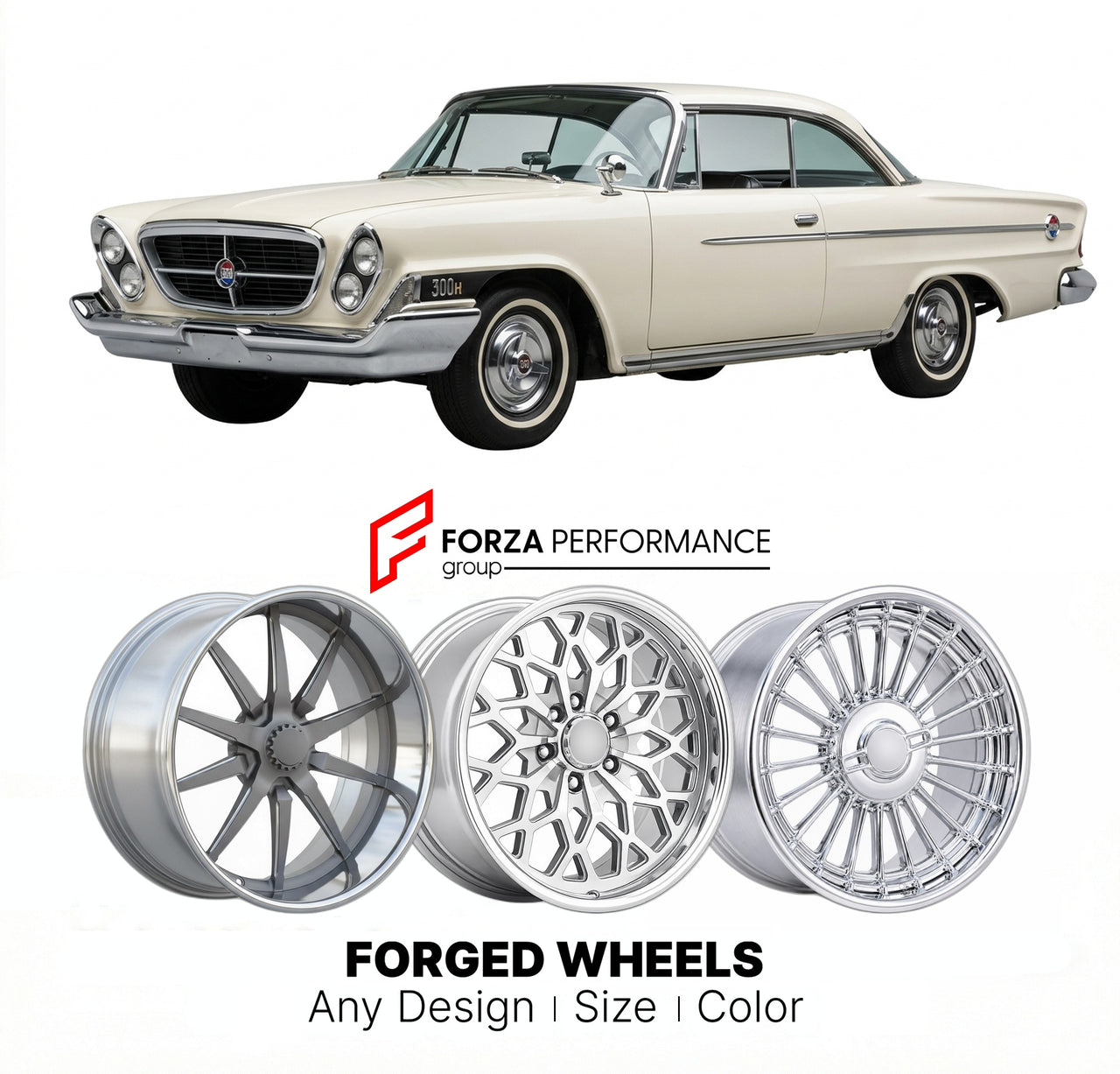 CUSTOM CLASSIC VINTAGE RESTOMOD RETRO OLD SCHOOL FORGED WHEELS RIMS for CHRYSLER 300 1958 - 1990
Custom forged wheels for classic American muscle cars. Ideal for restomod builds, vintage restorations, and show cars. Deep dish and retro styling available.

We manufacture premium quality forged wheels rims for Chrysler 300 1958 - 1990 in any design, size, color.

THIS WHEEL DESIGN CAN BE CUSTOM-MADE FOR YOUR CAR IN ANY SIZE AND COLOR OPTIONS
Available in monoblock, 2-piece, 3-piece, duoblock, beadlock
3D whee