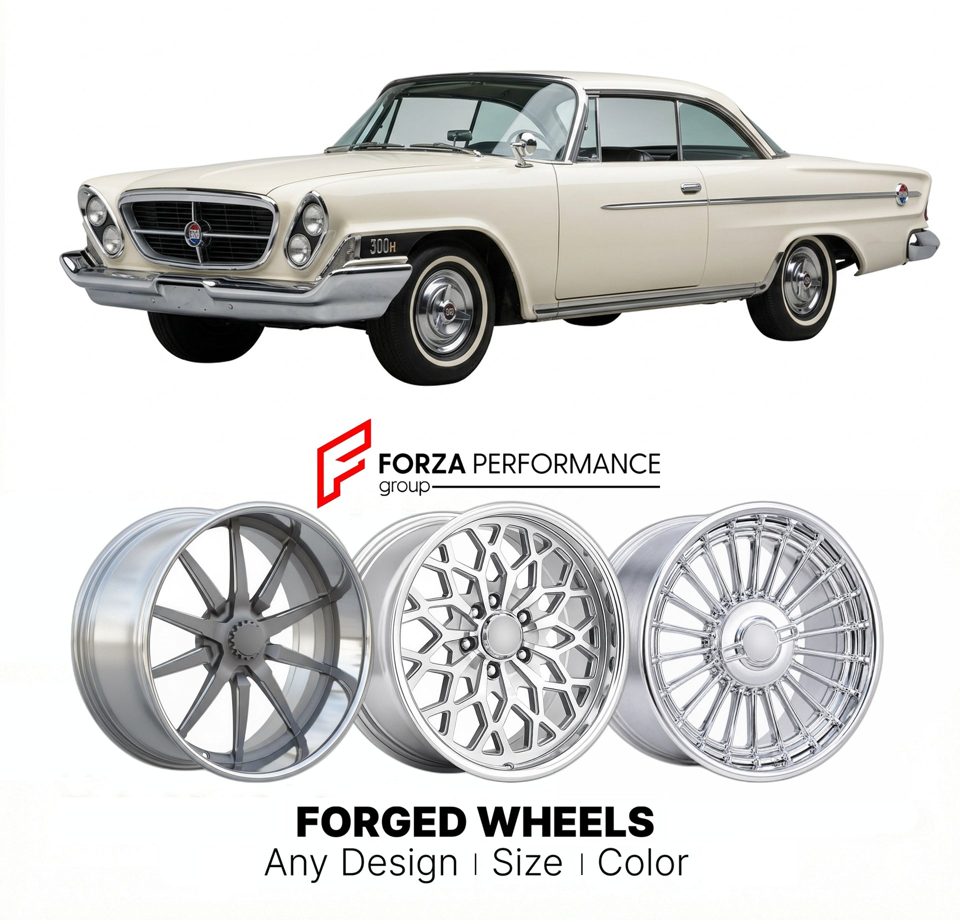 CUSTOM CLASSIC VINTAGE RESTOMOD RETRO OLD SCHOOL FORGED WHEELS RIMS for CHRYSLER 300 1958 - 1990
Custom forged wheels for classic American muscle cars. Ideal for restomod builds, vintage restorations, and show cars. Deep dish and retro styling available.

We manufacture premium quality forged wheels rims for Chrysler 300 1958 - 1990 in any design, size, color.

THIS WHEEL DESIGN CAN BE CUSTOM-MADE FOR YOUR CAR IN ANY SIZE AND COLOR OPTIONS
Available in monoblock, 2-piece, 3-piece, duoblock, beadlock
3D whee