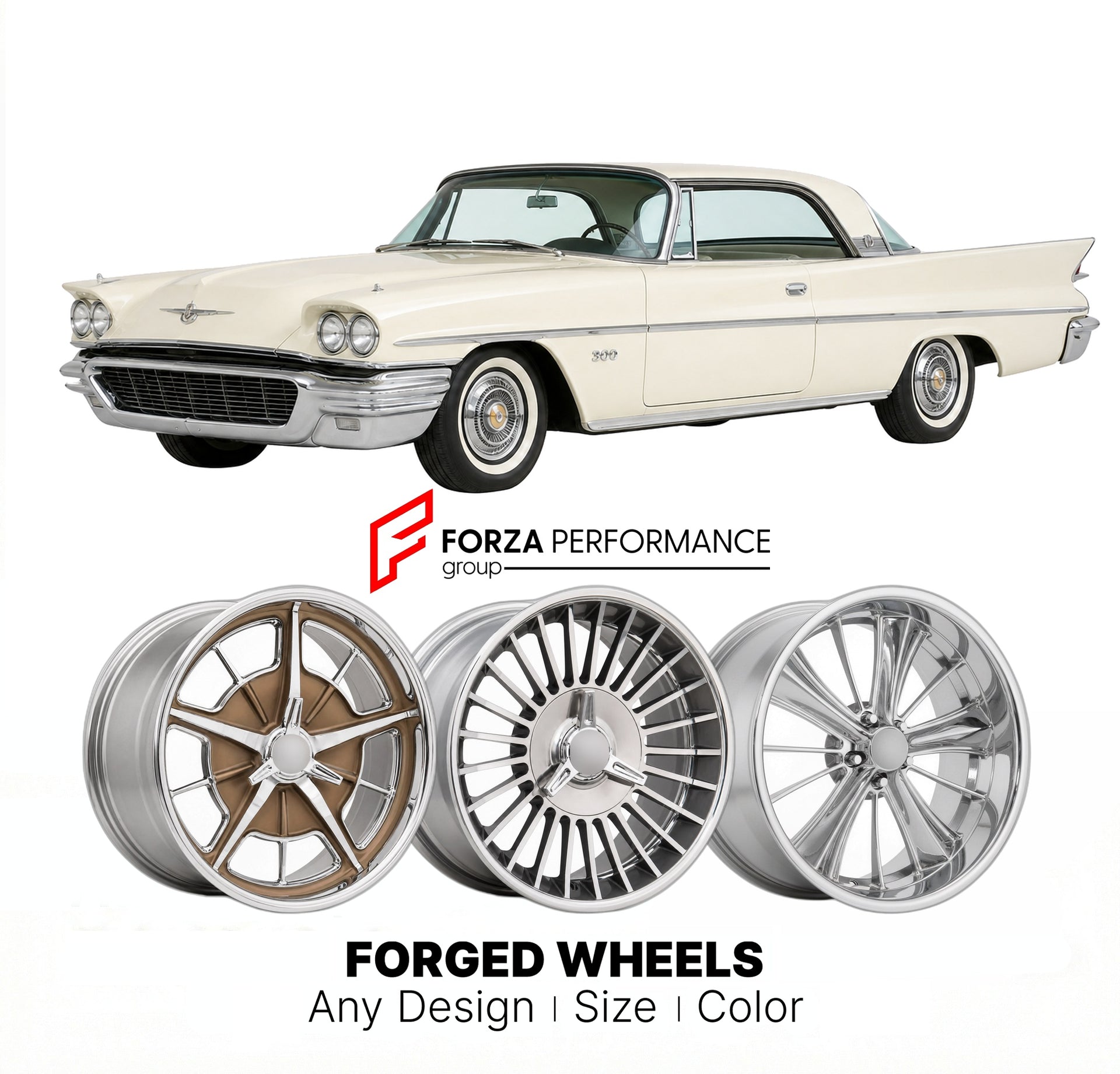 CUSTOM CLASSIC VINTAGE RESTOMOD RETRO OLD SCHOOL FORGED WHEELS RIMS for CHRYSLER 300 LETTER SERIES 1958 - 1965
Custom forged wheels for classic American muscle cars. Ideal for restomod builds, vintage restorations, and show cars. Deep dish and retro styling available.

We manufacture premium quality forged wheels rims for Chrysler 300 Letter Series 1958 - 1965 in any design, size, color.

THIS WHEEL DESIGN CAN BE CUSTOM-MADE FOR YOUR CAR IN ANY SIZE AND COLOR OPTIONS
Available in monoblock, 2-piece, 3-piece