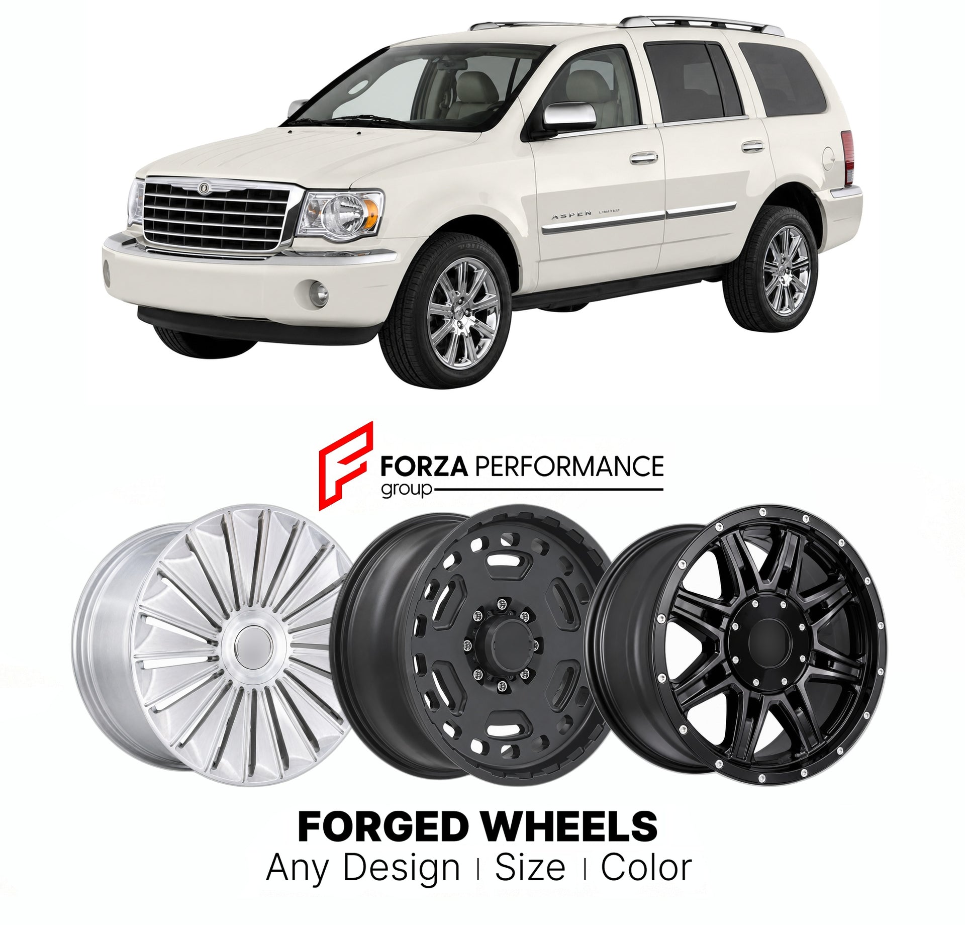 FORGED WHEELS RIMS for CHRYSLER ASPEN LIMITED 2007 - 2009

Custom forged wheels for Chrysler Aspen Limited 2007 - 2009. Made-to-order monoblock, 2-piece and 3-piece rims in custom sizes, offsets, colors and finishes with guaranteed fitment.

We manufacture premium quality forged wheels rims for Chrysler Aspen Limited 2007 - 2009 in any design, size, color.

THIS WHEEL DESIGN CAN BE CUSTOM-MADE FOR YOUR CAR IN ANY SIZE AND COLOR OPTIONS
Available in monoblock, 2-piece, 3-piece, duoblock, beadlock
3D wheel re