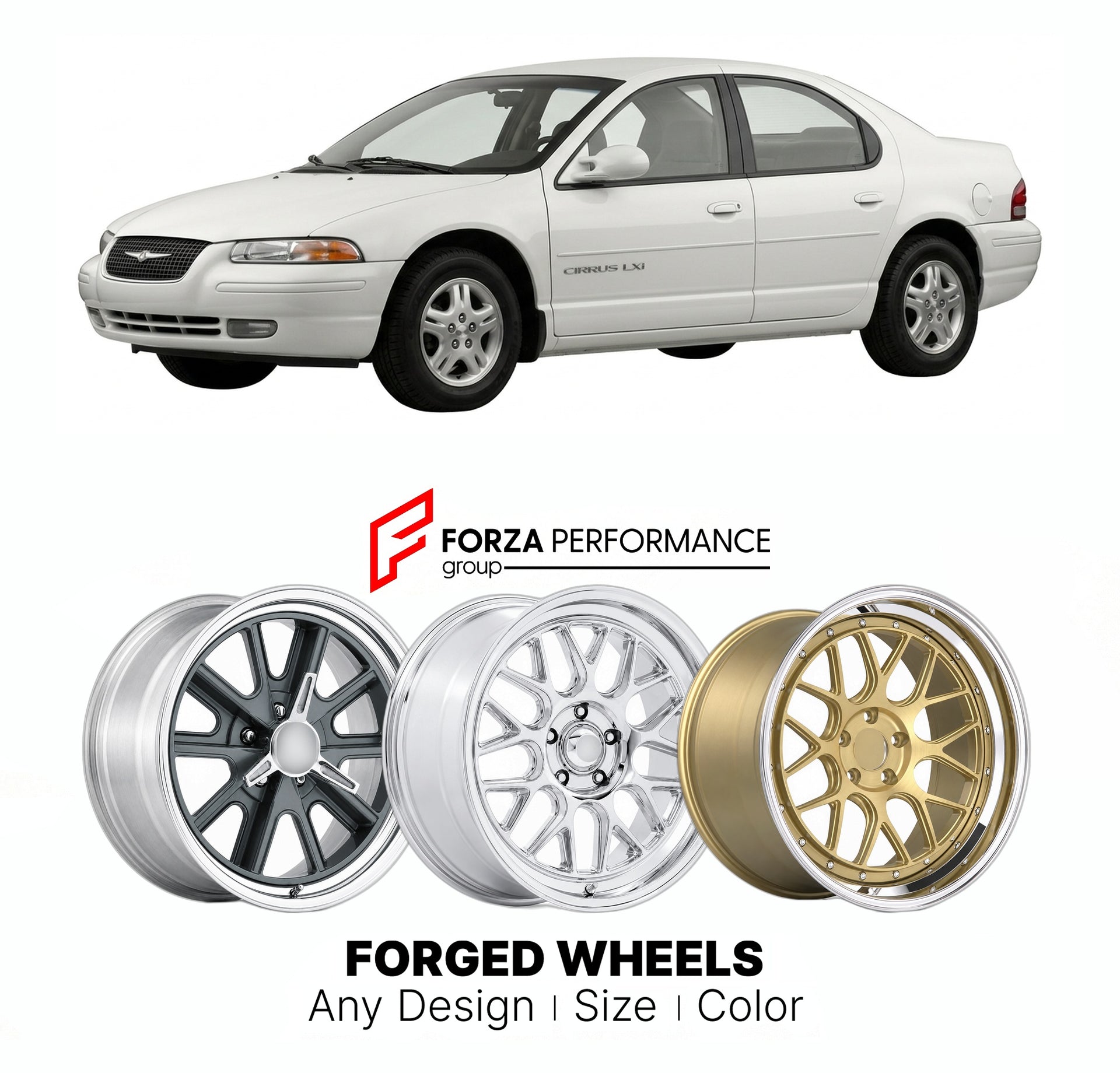 FORGED WHEELS RIMS for CHRYSLER CIRRUS 1995 - 2000

Custom forged wheels for Chrysler Cirrus 1995 - 2000. Made-to-order monoblock, 2-piece and 3-piece rims in custom sizes, offsets, colors and finishes with guaranteed fitment.

We manufacture premium quality forged wheels rims for Chrysler Cirrus 1995 - 2000 in any design, size, color.

THIS WHEEL DESIGN CAN BE CUSTOM-MADE FOR YOUR CAR IN ANY SIZE AND COLOR OPTIONS
Available in monoblock, 2-piece, 3-piece, duoblock, beadlock
3D wheel renderings are provided