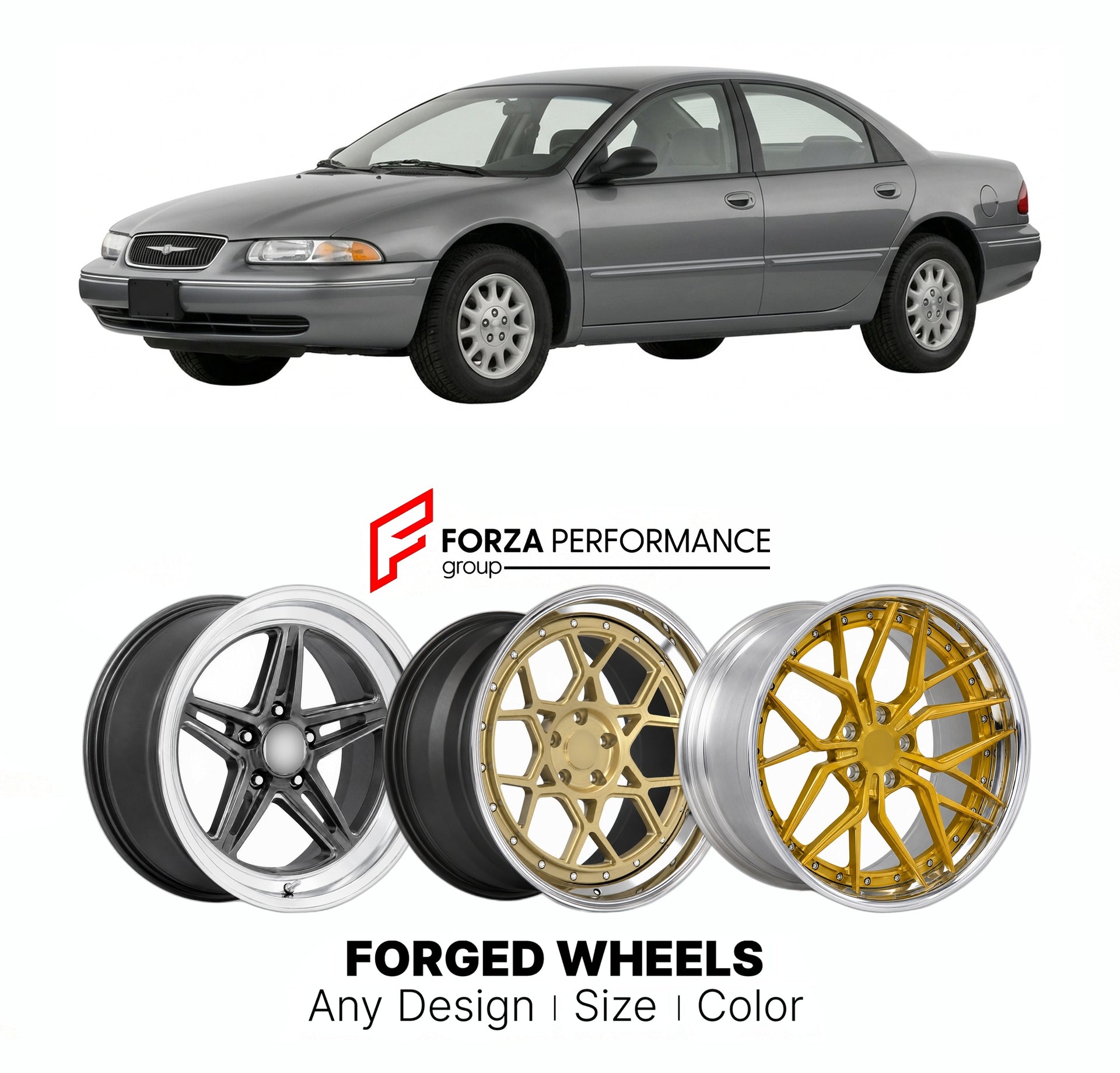 FORGED WHEELS RIMS for CHRYSLER CONCORDE 1993 - 2004

Custom forged wheels for Chrysler Concorde 1993 - 2004. Made-to-order monoblock, 2-piece and 3-piece rims in custom sizes, offsets, colors and finishes with guaranteed fitment.

We manufacture premium quality forged wheels rims for Chrysler Concorde 1993 - 2004 in any design, size, color.

THIS WHEEL DESIGN CAN BE CUSTOM-MADE FOR YOUR CAR IN ANY SIZE AND COLOR OPTIONS
Available in monoblock, 2-piece, 3-piece, duoblock, beadlock
3D wheel renderings are pr