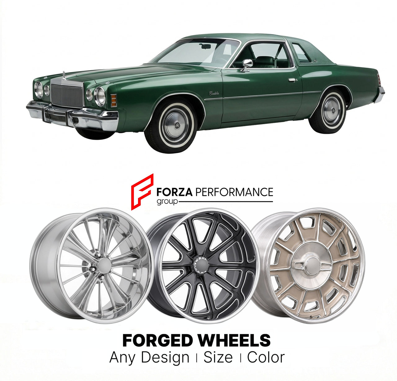 CUSTOM CLASSIC VINTAGE RESTOMOD RETRO OLD SCHOOL FORGED WHEELS RIMS for CHRYSLER CORDOBA 1975 - 1983
Custom forged wheels for classic American muscle cars. Ideal for restomod builds, vintage restorations, and show cars. Deep dish and retro styling available.

We manufacture premium quality forged wheels rims for Chrysler Cordoba 1975 - 1983 in any design, size, color.

THIS WHEEL DESIGN CAN BE CUSTOM-MADE FOR YOUR CAR IN ANY SIZE AND COLOR OPTIONS
Available in monoblock, 2-piece, 3-piece, duoblock, beadlock
