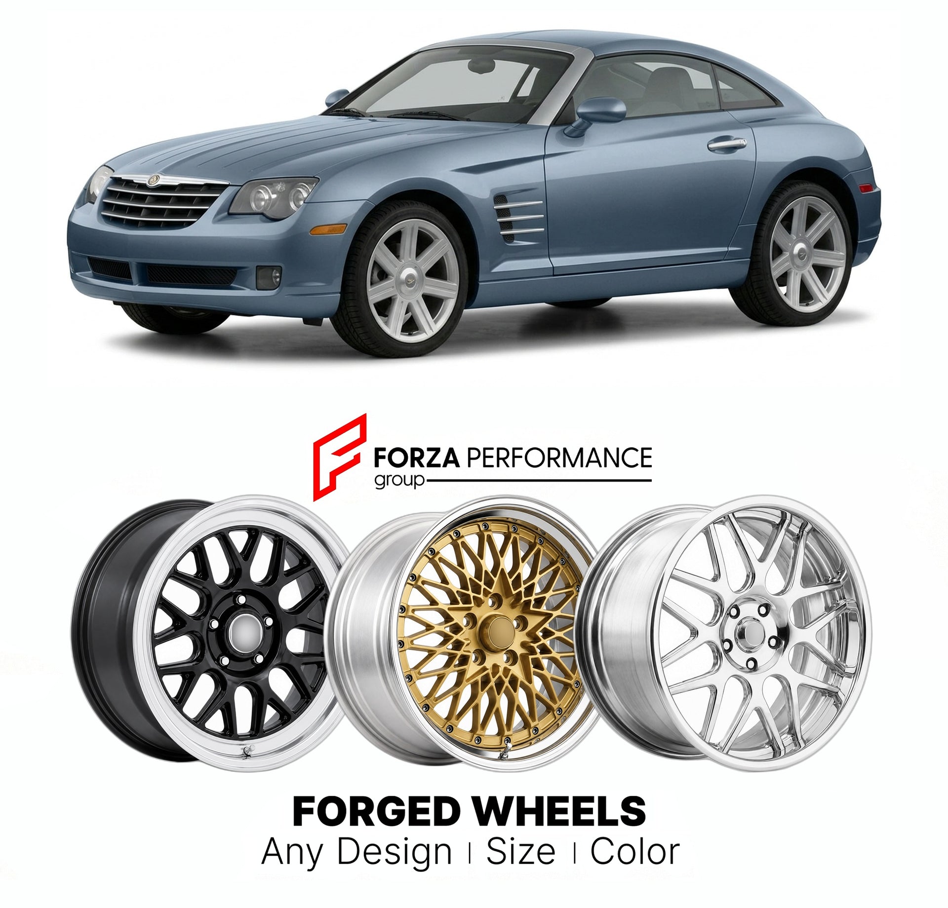 FORGED WHEELS RIMS for CHRYSLER CROSSFIRE 2004 - 2008

Custom forged wheels for Chrysler Crossfire 2004 - 2008. Made-to-order monoblock, 2-piece and 3-piece rims in custom sizes, offsets, colors and finishes with guaranteed fitment.

We manufacture premium quality forged wheels rims for Chrysler Crossfire 2004 - 2008 in any design, size, color.

THIS WHEEL DESIGN CAN BE CUSTOM-MADE FOR YOUR CAR IN ANY SIZE AND COLOR OPTIONS
Available in monoblock, 2-piece, 3-piece, duoblock, beadlock
3D wheel renderings are