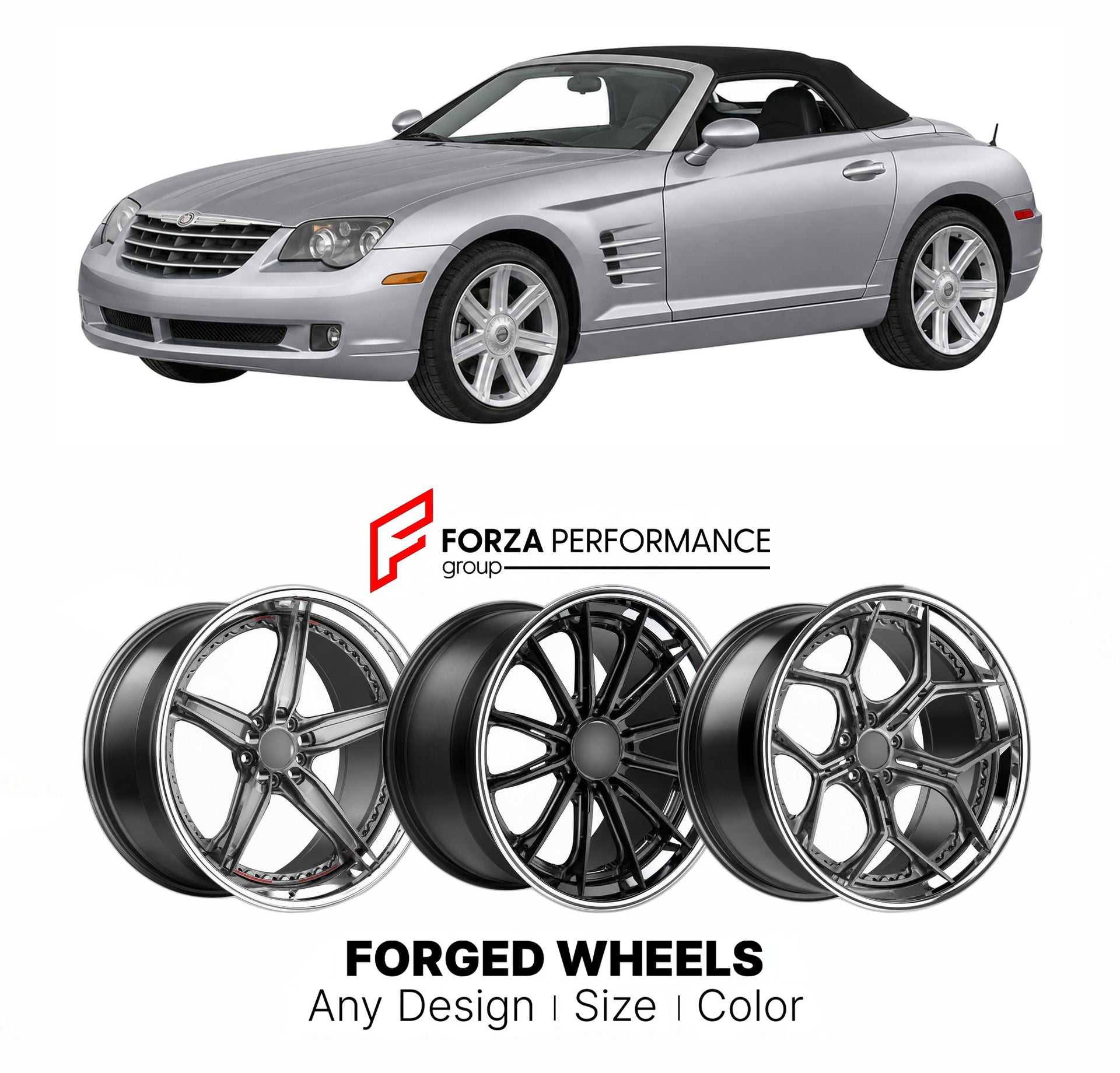 FORGED WHEELS RIMS for CHRYSLER CROSSFIRE ROADSTER 2004 - 2008

Custom forged wheels for Chrysler Crossfire Roadster 2004 - 2008. Made-to-order monoblock, 2-piece and 3-piece rims in custom sizes, offsets, colors and finishes with guaranteed fitment.

We manufacture premium quality forged wheels rims for Chrysler Crossfire Roadster 2004 - 2008 in any design, size, color.

THIS WHEEL DESIGN CAN BE CUSTOM-MADE FOR YOUR CAR IN ANY SIZE AND COLOR OPTIONS
Available in monoblock, 2-piece, 3-piece, duoblock, beadl