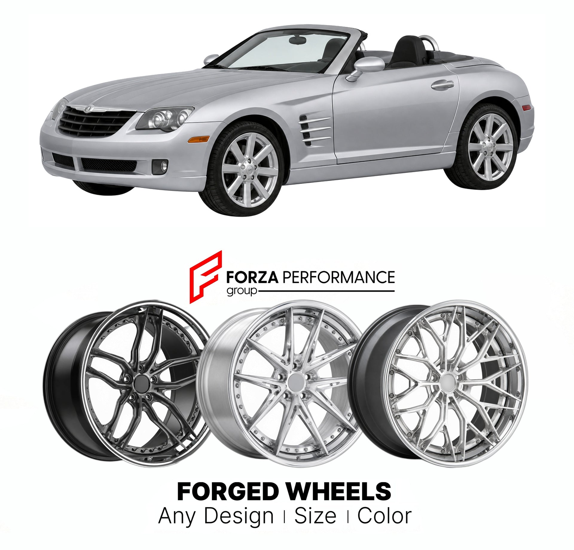 FORGED WHEELS RIMS for CHRYSLER CROSSFIRE SRT6 ROADSTER 2004 - 2008

Custom forged wheels for Chrysler Crossfire SRT6 Roadster 2004 - 2008. Made-to-order monoblock, 2-piece and 3-piece rims in custom sizes, offsets, colors and finishes with guaranteed fitment.

We manufacture premium quality forged wheels rims for Chrysler Crossfire SRT6 Roadster 2004 - 2008 in any design, size, color.

THIS WHEEL DESIGN CAN BE CUSTOM-MADE FOR YOUR CAR IN ANY SIZE AND COLOR OPTIONS
Available in monoblock, 2-piece, 3-piece, 