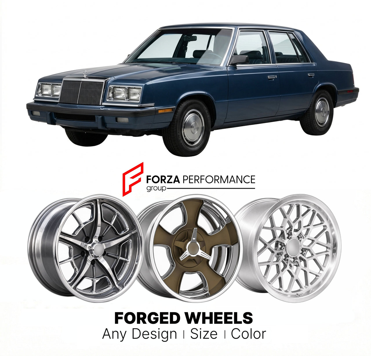 CUSTOM CLASSIC VINTAGE RESTOMOD RETRO OLD SCHOOL FORGED WHEELS RIMS for CHRYSLER EXECUTIVE 1983 - 1986
Custom forged wheels for classic American muscle cars. Ideal for restomod builds, vintage restorations, and show cars. Deep dish and retro styling available.

We manufacture premium quality forged wheels rims for Chrysler Executive 1983 - 1986 in any design, size, color.

THIS WHEEL DESIGN CAN BE CUSTOM-MADE FOR YOUR CAR IN ANY SIZE AND COLOR OPTIONS
Available in monoblock, 2-piece, 3-piece, duoblock, bead