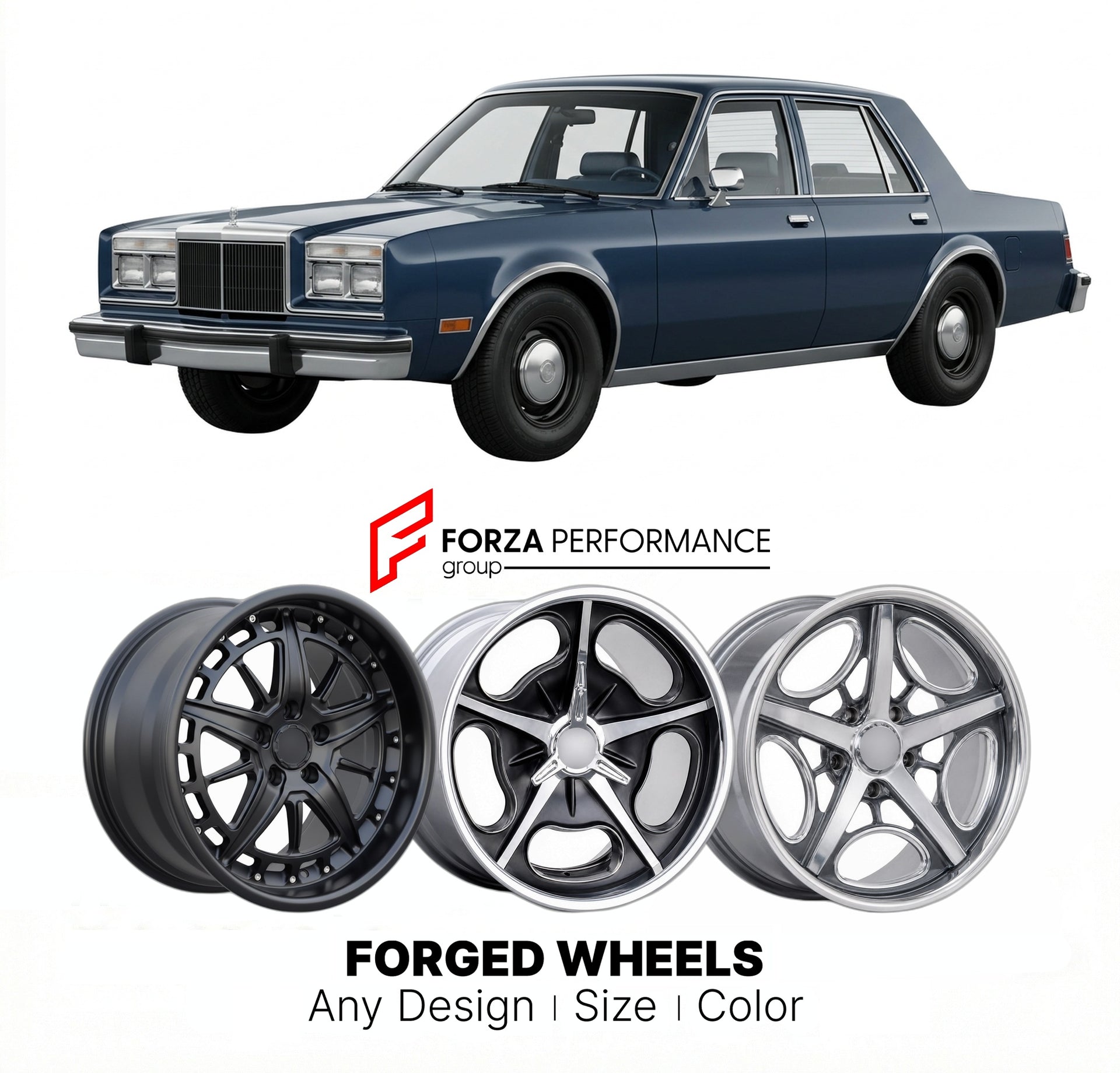 CUSTOM CLASSIC VINTAGE RESTOMOD RETRO OLD SCHOOL FORGED WHEELS RIMS for CHRYSLER FIFTH AVENUE 1982 - 1989
Custom forged wheels for classic American muscle cars. Ideal for restomod builds, vintage restorations, and show cars. Deep dish and retro styling available.

We manufacture premium quality forged wheels rims for Chrysler Fifth Avenue 1982 - 1989 in any design, size, color.

THIS WHEEL DESIGN CAN BE CUSTOM-MADE FOR YOUR CAR IN ANY SIZE AND COLOR OPTIONS
Available in monoblock, 2-piece, 3-piece, duoblock