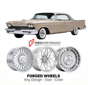 CUSTOM CLASSIC VINTAGE RESTOMOD RETRO OLD SCHOOL FORGED WHEELS RIMS for CHRYSLER IMPERIAL 1958 - 1990
Custom forged wheels for classic American muscle cars. Ideal for restomod builds, vintage restorations, and show cars. Deep dish and retro styling available.

We manufacture premium quality forged wheels rims for Chrysler Imperial 1958 - 1990 in any design, size, color.

THIS WHEEL DESIGN CAN BE CUSTOM-MADE FOR YOUR CAR IN ANY SIZE AND COLOR OPTIONS
Available in monoblock, 2-piece, 3-piece, duoblock, beadlo