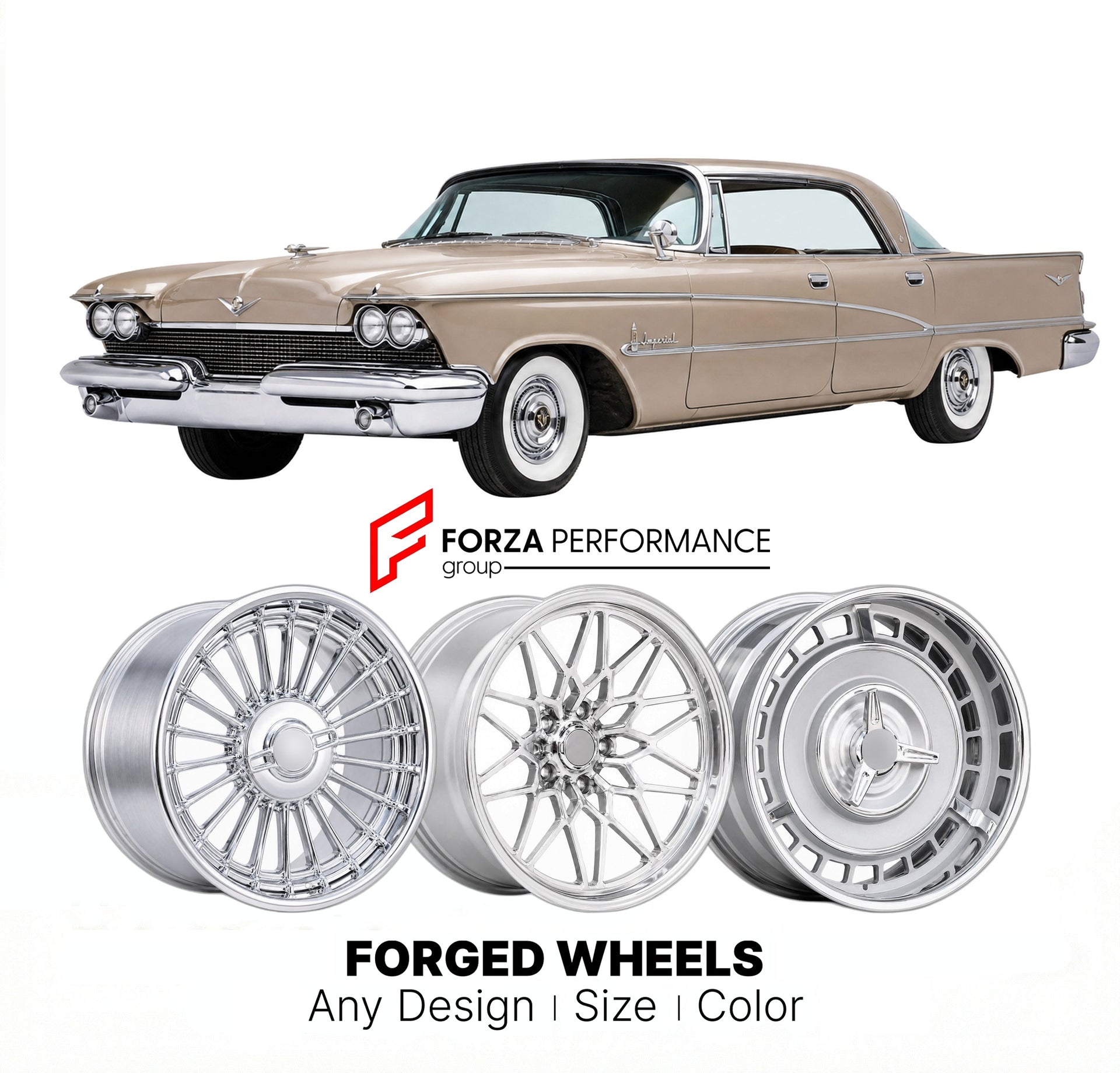 CUSTOM CLASSIC VINTAGE RESTOMOD RETRO OLD SCHOOL FORGED WHEELS RIMS for CHRYSLER IMPERIAL 1958 - 1990
Custom forged wheels for classic American muscle cars. Ideal for restomod builds, vintage restorations, and show cars. Deep dish and retro styling available.

We manufacture premium quality forged wheels rims for Chrysler Imperial 1958 - 1990 in any design, size, color.

THIS WHEEL DESIGN CAN BE CUSTOM-MADE FOR YOUR CAR IN ANY SIZE AND COLOR OPTIONS
Available in monoblock, 2-piece, 3-piece, duoblock, beadlo