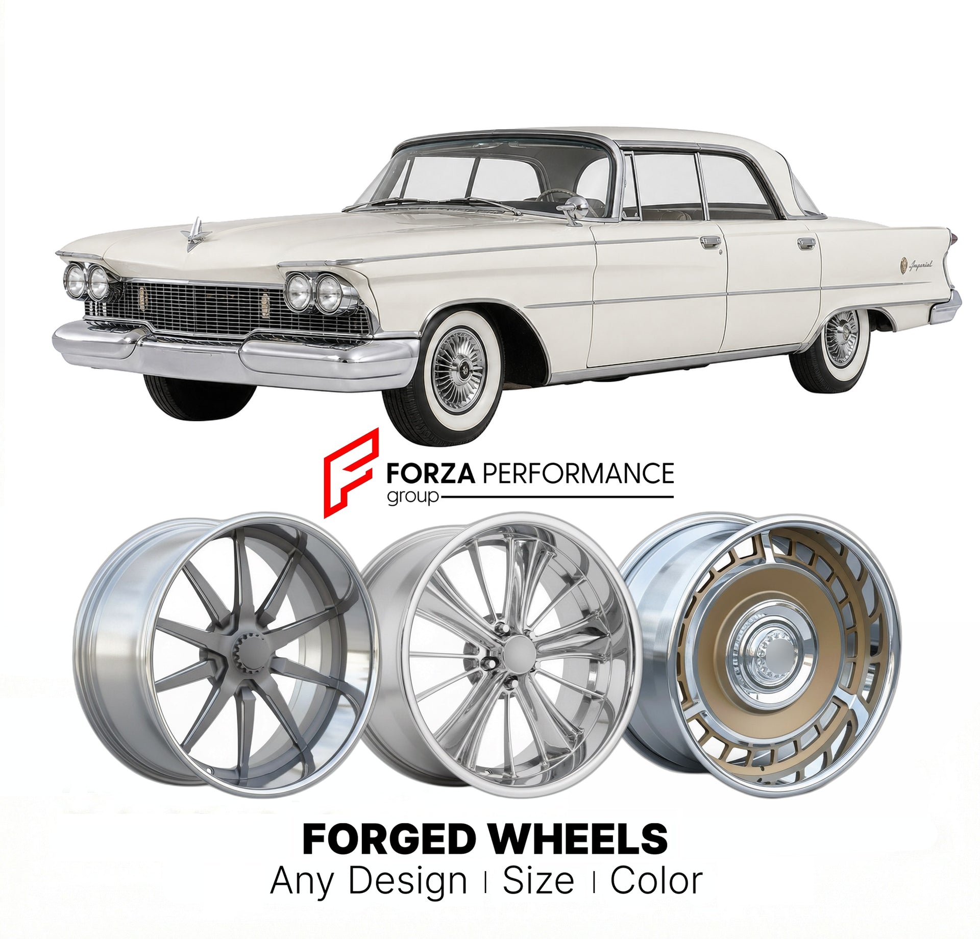 CUSTOM CLASSIC VINTAGE RESTOMOD RETRO OLD SCHOOL FORGED WHEELS RIMS for CHRYSLER IMPERIAL CROWN 1958 - 1975
Custom forged wheels for classic American muscle cars. Ideal for restomod builds, vintage restorations, and show cars. Deep dish and retro styling available.

We manufacture premium quality forged wheels rims for Chrysler Imperial Crown 1958 - 1975 in any design, size, color.

THIS WHEEL DESIGN CAN BE CUSTOM-MADE FOR YOUR CAR IN ANY SIZE AND COLOR OPTIONS
Available in monoblock, 2-piece, 3-piece, duob