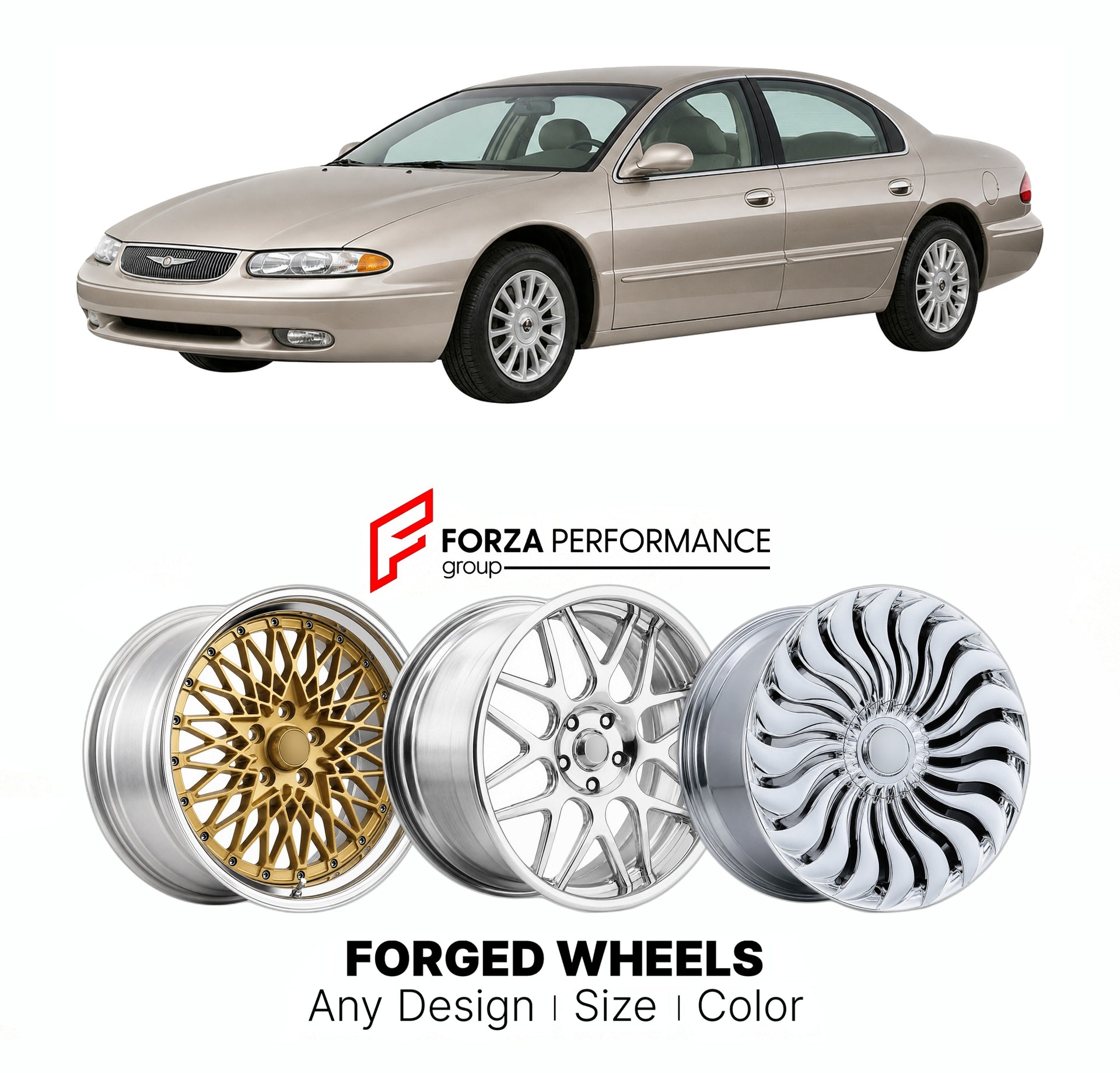 FORGED WHEELS RIMS for CHRYSLER LHS 1999 - 2001

Custom forged wheels for Chrysler LHS 1999 - 2001. Made-to-order monoblock, 2-piece and 3-piece rims in custom sizes, offsets, colors and finishes with guaranteed fitment.

We manufacture premium quality forged wheels rims for Chrysler LHS 1999 - 2001 in any design, size, color.

THIS WHEEL DESIGN CAN BE CUSTOM-MADE FOR YOUR CAR IN ANY SIZE AND COLOR OPTIONS
Available in monoblock, 2-piece, 3-piece, duoblock, beadlock
3D wheel renderings are provided accordin