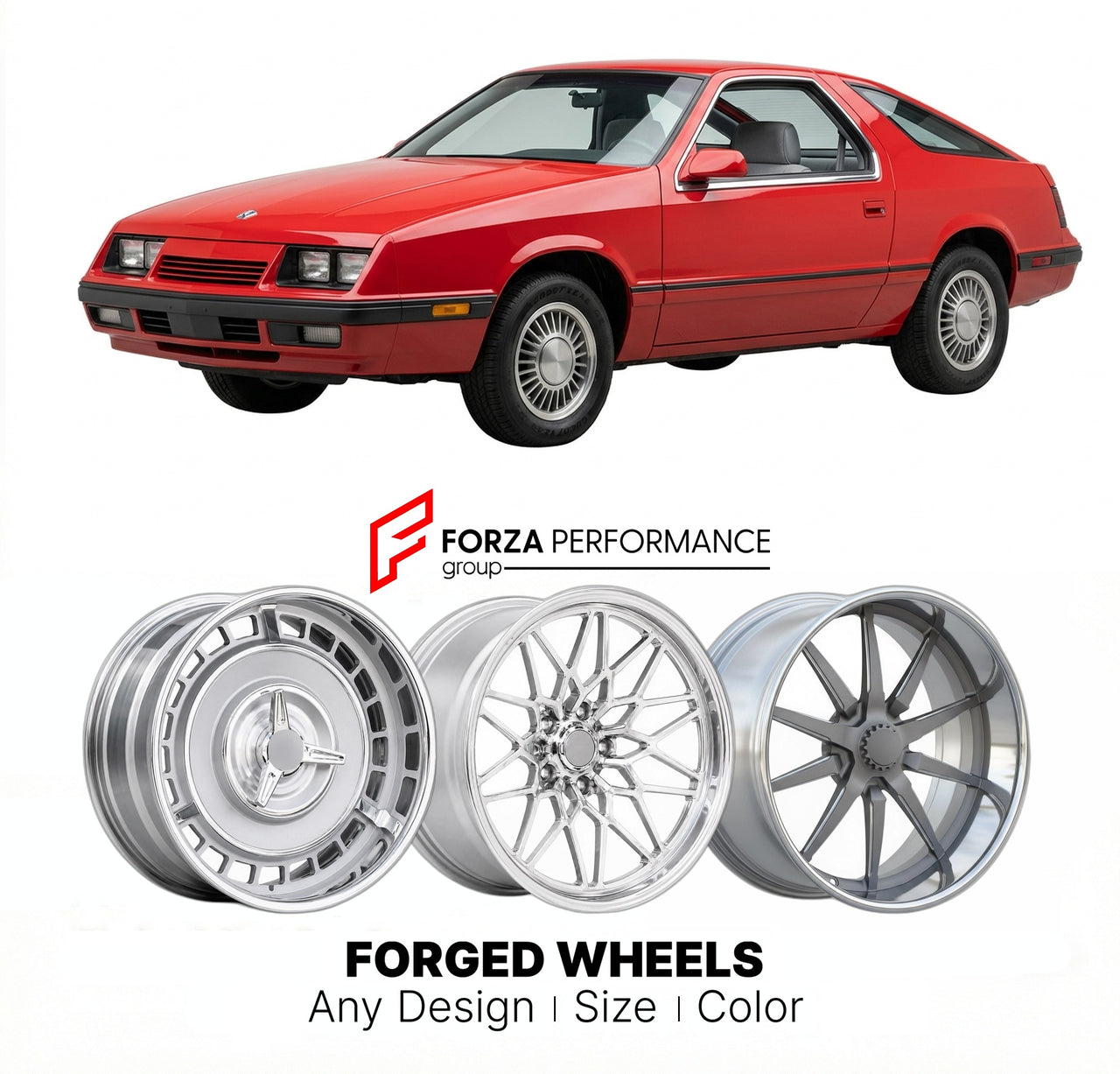 CUSTOM CLASSIC VINTAGE RESTOMOD RETRO OLD SCHOOL FORGED WHEELS RIMS for CHRYSLER LASER 1984 - 1986
Custom forged wheels for classic American muscle cars. Ideal for restomod builds, vintage restorations, and show cars. Deep dish and retro styling available.

We manufacture premium quality forged wheels rims for Chrysler Laser 1984 - 1986 in any design, size, color.

THIS WHEEL DESIGN CAN BE CUSTOM-MADE FOR YOUR CAR IN ANY SIZE AND COLOR OPTIONS
Available in monoblock, 2-piece, 3-piece, duoblock, beadlock
3D 