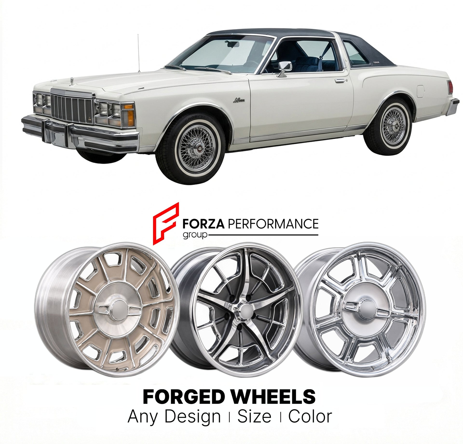 CUSTOM CLASSIC VINTAGE RESTOMOD RETRO OLD SCHOOL FORGED WHEELS RIMS for CHRYSLER LEBARON 1977 - 1990
Custom forged wheels for classic American muscle cars. Ideal for restomod builds, vintage restorations, and show cars. Deep dish and retro styling available.

We manufacture premium quality forged wheels rims for Chrysler LeBaron 1977 - 1990 in any design, size, color.

THIS WHEEL DESIGN CAN BE CUSTOM-MADE FOR YOUR CAR IN ANY SIZE AND COLOR OPTIONS
Available in monoblock, 2-piece, 3-piece, duoblock, beadlock