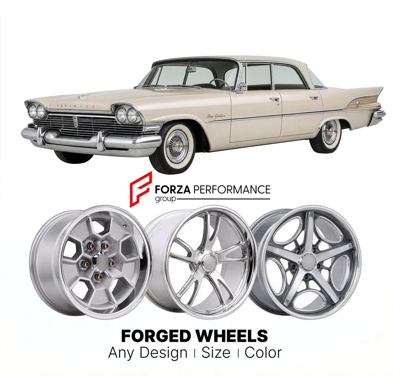 CUSTOM CLASSIC VINTAGE RESTOMOD RETRO OLD SCHOOL FORGED WHEELS RIMS for CHRYSLER NEW YORKER 1958 - 1964
Custom forged wheels for classic American muscle cars. Ideal for restomod builds, vintage restorations, and show cars. Deep dish and retro styling available.

We manufacture premium quality forged wheels rims for Chrysler New Yorker 1958 - 1964 in any design, size, color.

THIS WHEEL DESIGN CAN BE CUSTOM-MADE FOR YOUR CAR IN ANY SIZE AND COLOR OPTIONS
Available in monoblock, 2-piece, 3-piece, duoblock, be