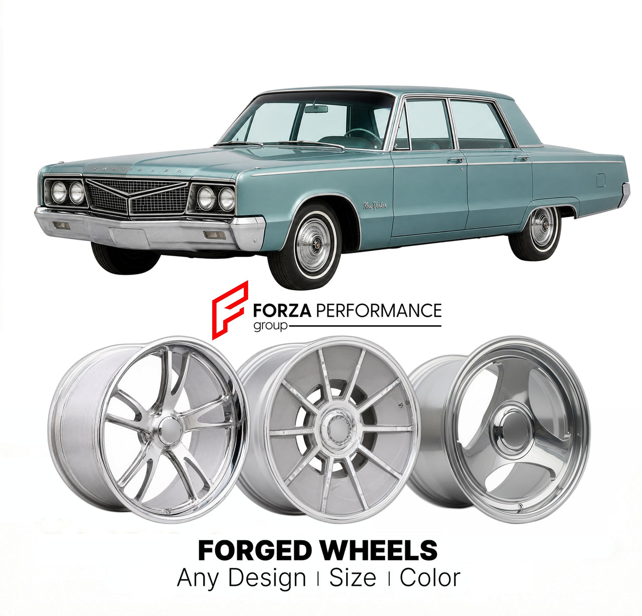 CUSTOM CLASSIC VINTAGE RESTOMOD RETRO OLD SCHOOL FORGED WHEELS RIMS for CHRYSLER NEW YORKER 1965 - 1968
Custom forged wheels for classic American muscle cars. Ideal for restomod builds, vintage restorations, and show cars. Deep dish and retro styling available.

We manufacture premium quality forged wheels rims for Chrysler New Yorker 1965 - 1968 in any design, size, color.

THIS WHEEL DESIGN CAN BE CUSTOM-MADE FOR YOUR CAR IN ANY SIZE AND COLOR OPTIONS
Available in monoblock, 2-piece, 3-piece, duoblock, be