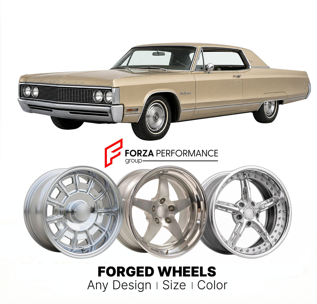 CUSTOM CLASSIC VINTAGE RESTOMOD RETRO OLD SCHOOL FORGED WHEELS RIMS for CHRYSLER NEW YORKER 1969 - 1973
Custom forged wheels for classic American muscle cars. Ideal for restomod builds, vintage restorations, and show cars. Deep dish and retro styling available.

We manufacture premium quality forged wheels rims for Chrysler New Yorker 1969 - 1973 in any design, size, color.

THIS WHEEL DESIGN CAN BE CUSTOM-MADE FOR YOUR CAR IN ANY SIZE AND COLOR OPTIONS
Available in monoblock, 2-piece, 3-piece, duoblock, be