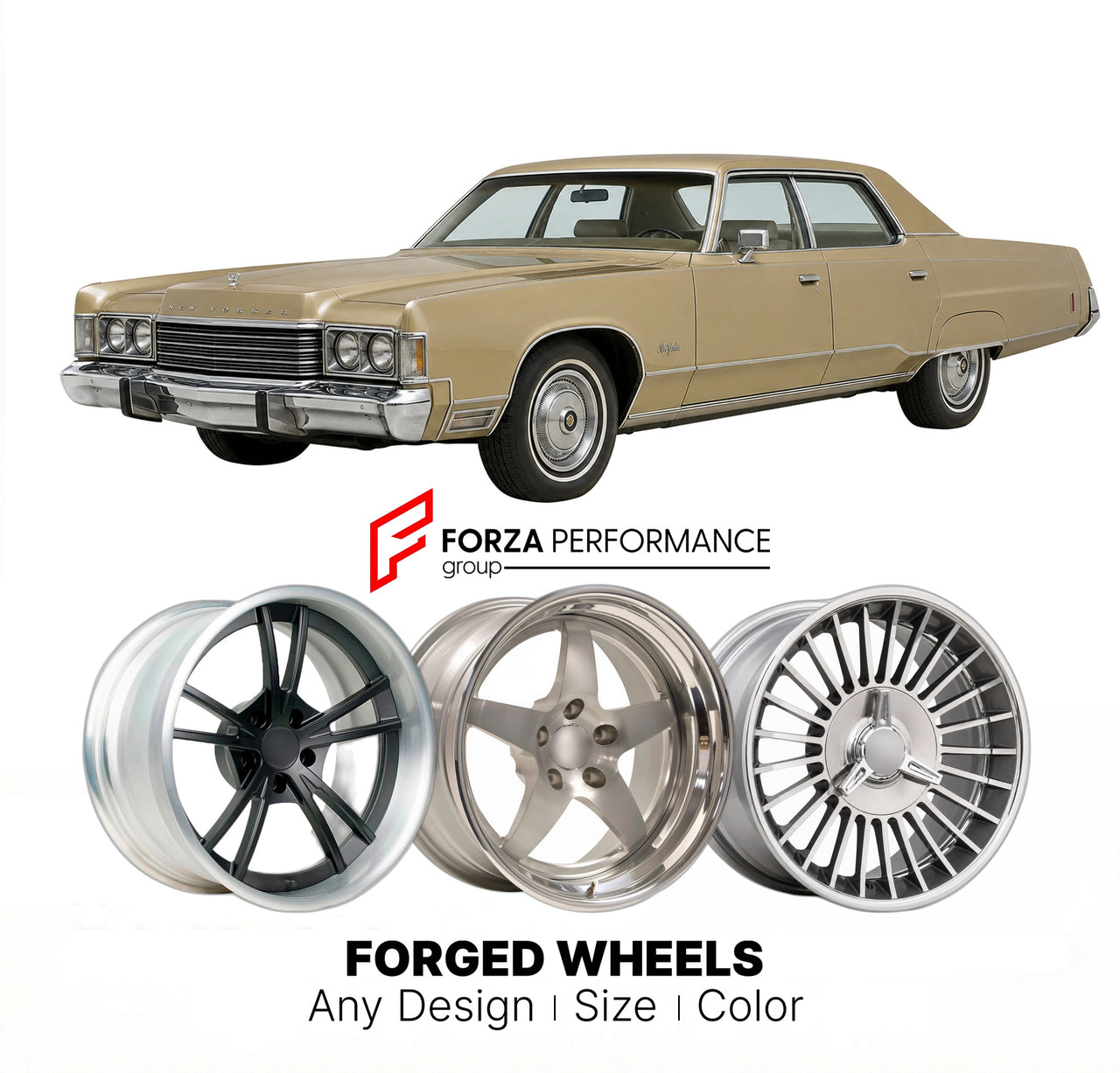CUSTOM CLASSIC VINTAGE RESTOMOD RETRO OLD SCHOOL FORGED WHEELS RIMS for CHRYSLER NEW YORKER 1974 - 1978
Custom forged wheels for classic American muscle cars. Ideal for restomod builds, vintage restorations, and show cars. Deep dish and retro styling available.

We manufacture premium quality forged wheels rims for Chrysler New Yorker 1974 - 1978 in any design, size, color.

THIS WHEEL DESIGN CAN BE CUSTOM-MADE FOR YOUR CAR IN ANY SIZE AND COLOR OPTIONS
Available in monoblock, 2-piece, 3-piece, duoblock, be
