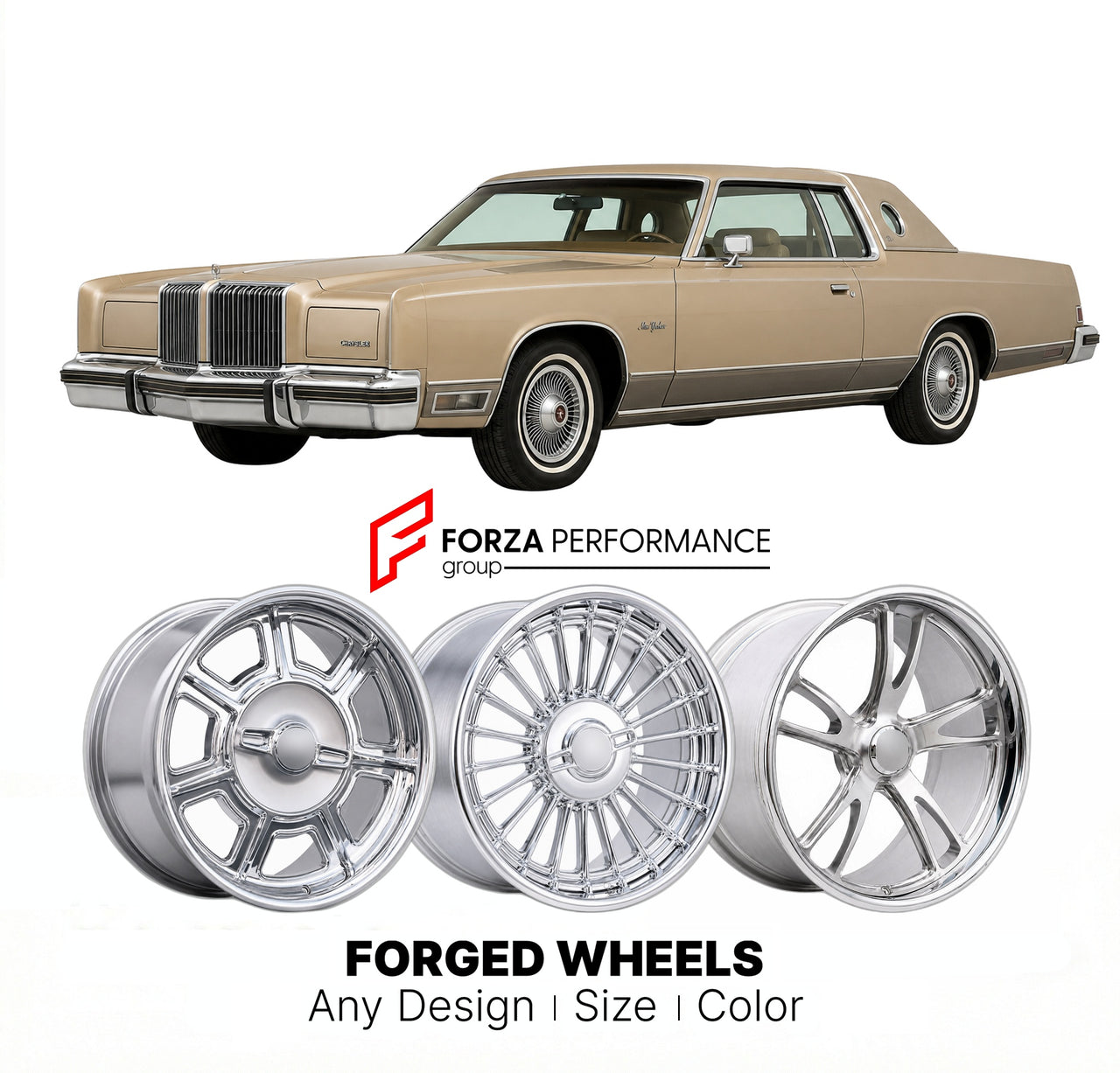 CUSTOM CLASSIC VINTAGE RESTOMOD RETRO OLD SCHOOL FORGED WHEELS RIMS for CHRYSLER NEW YORKER 1979 - 1981
Custom forged wheels for classic American muscle cars. Ideal for restomod builds, vintage restorations, and show cars. Deep dish and retro styling available.

We manufacture premium quality forged wheels rims for Chrysler New Yorker 1979 - 1981 in any design, size, color.

THIS WHEEL DESIGN CAN BE CUSTOM-MADE FOR YOUR CAR IN ANY SIZE AND COLOR OPTIONS
Available in monoblock, 2-piece, 3-piece, duoblock, be
