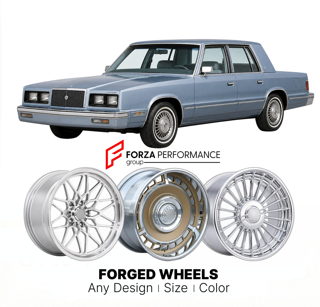 CUSTOM CLASSIC VINTAGE RESTOMOD RETRO OLD SCHOOL FORGED WHEELS RIMS for CHRYSLER NEW YORKER 1982 - 1988
Custom forged wheels for classic American muscle cars. Ideal for restomod builds, vintage restorations, and show cars. Deep dish and retro styling available.

We manufacture premium quality forged wheels rims for Chrysler New Yorker 1982 - 1988 in any design, size, color.

THIS WHEEL DESIGN CAN BE CUSTOM-MADE FOR YOUR CAR IN ANY SIZE AND COLOR OPTIONS
Available in monoblock, 2-piece, 3-piece, duoblock, be