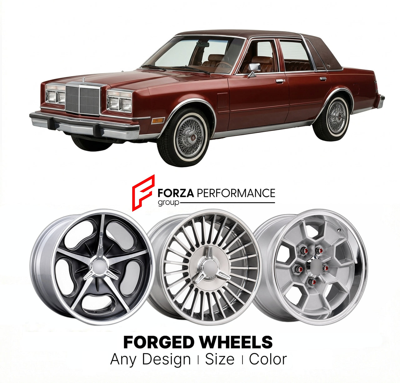 CUSTOM CLASSIC VINTAGE RESTOMOD RETRO OLD SCHOOL FORGED WHEELS RIMS for CHRYSLER NEW YORKER FIFTH AVENUE 1983 - 1988
Custom forged wheels for classic American muscle cars. Ideal for restomod builds, vintage restorations, and show cars. Deep dish and retro styling available.

We manufacture premium quality forged wheels rims for Chrysler New Yorker Fifth Avenue 1983 - 1988 in any design, size, color.

THIS WHEEL DESIGN CAN BE CUSTOM-MADE FOR YOUR CAR IN ANY SIZE AND COLOR OPTIONS
Available in monoblock, 2-pi