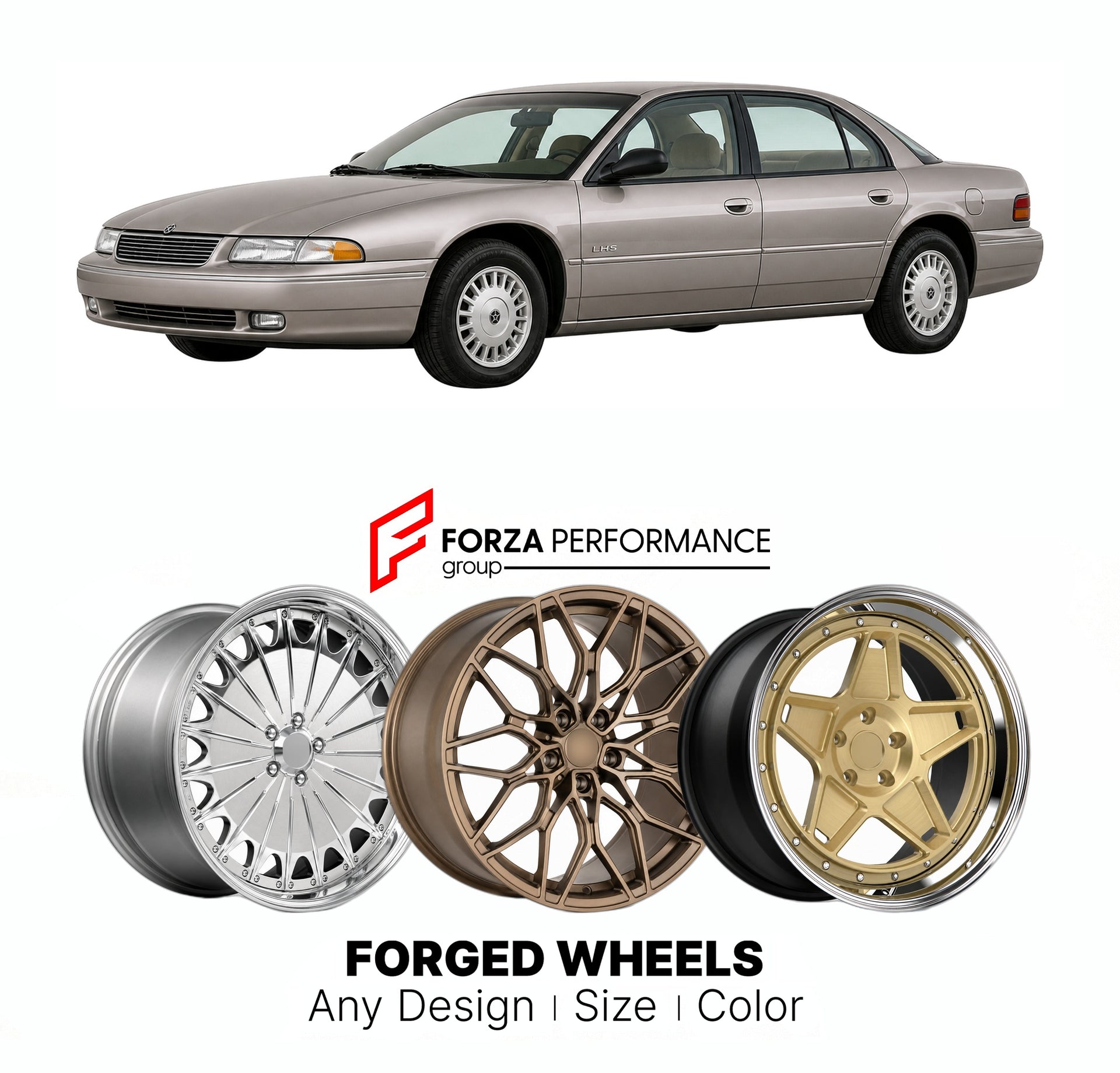 FORGED WHEELS RIMS for CHRYSLER NEW YORKER LHS-BASED 1990 - 1996

Custom forged wheels for Chrysler New Yorker LHS-based 1990 - 1996. Made-to-order monoblock, 2-piece and 3-piece rims in custom sizes, offsets, colors and finishes with guaranteed fitment.

We manufacture premium quality forged wheels rims for Chrysler New Yorker LHS-based 1990 - 1996 in any design, size, color.

THIS WHEEL DESIGN CAN BE CUSTOM-MADE FOR YOUR CAR IN ANY SIZE AND COLOR OPTIONS
Available in monoblock, 2-piece, 3-piece, duoblock,