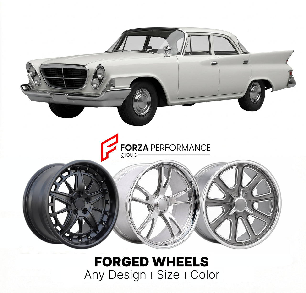 CUSTOM CLASSIC VINTAGE RESTOMOD RETRO OLD SCHOOL FORGED WHEELS RIMS for CHRYSLER NEWPORT 1961 - 1964
Custom forged wheels for classic American muscle cars. Ideal for restomod builds, vintage restorations, and show cars. Deep dish and retro styling available.

We manufacture premium quality forged wheels rims for Chrysler Newport 1961 - 1964 in any design, size, color.

THIS WHEEL DESIGN CAN BE CUSTOM-MADE FOR YOUR CAR IN ANY SIZE AND COLOR OPTIONS
Available in monoblock, 2-piece, 3-piece, duoblock, beadlock