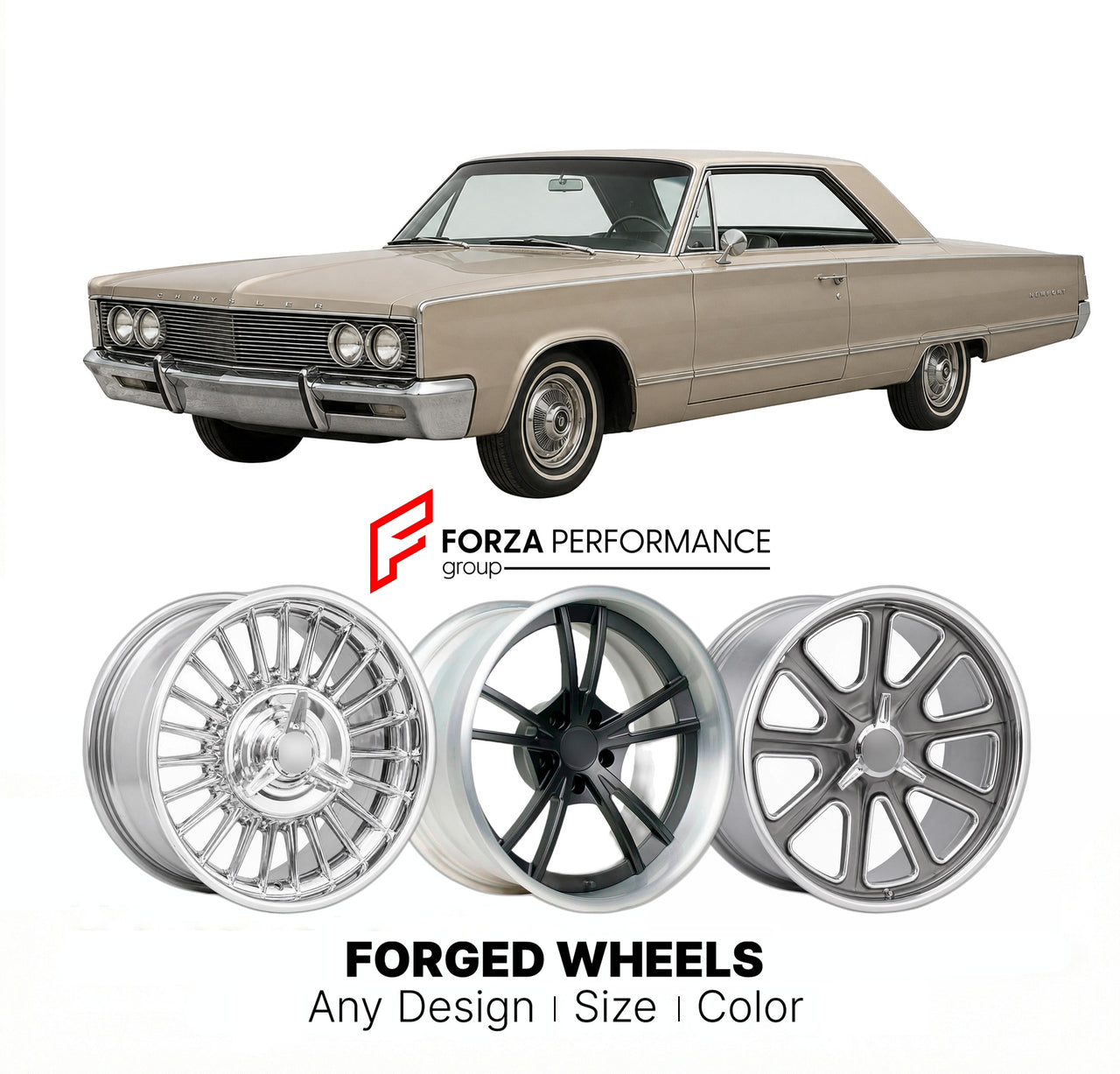 CUSTOM CLASSIC VINTAGE RESTOMOD RETRO OLD SCHOOL FORGED WHEELS RIMS for CHRYSLER NEWPORT 1965 - 1968
Custom forged wheels for classic American muscle cars. Ideal for restomod builds, vintage restorations, and show cars. Deep dish and retro styling available.

We manufacture premium quality forged wheels rims for Chrysler Newport 1965 - 1968 in any design, size, color.

THIS WHEEL DESIGN CAN BE CUSTOM-MADE FOR YOUR CAR IN ANY SIZE AND COLOR OPTIONS
Available in monoblock, 2-piece, 3-piece, duoblock, beadlock