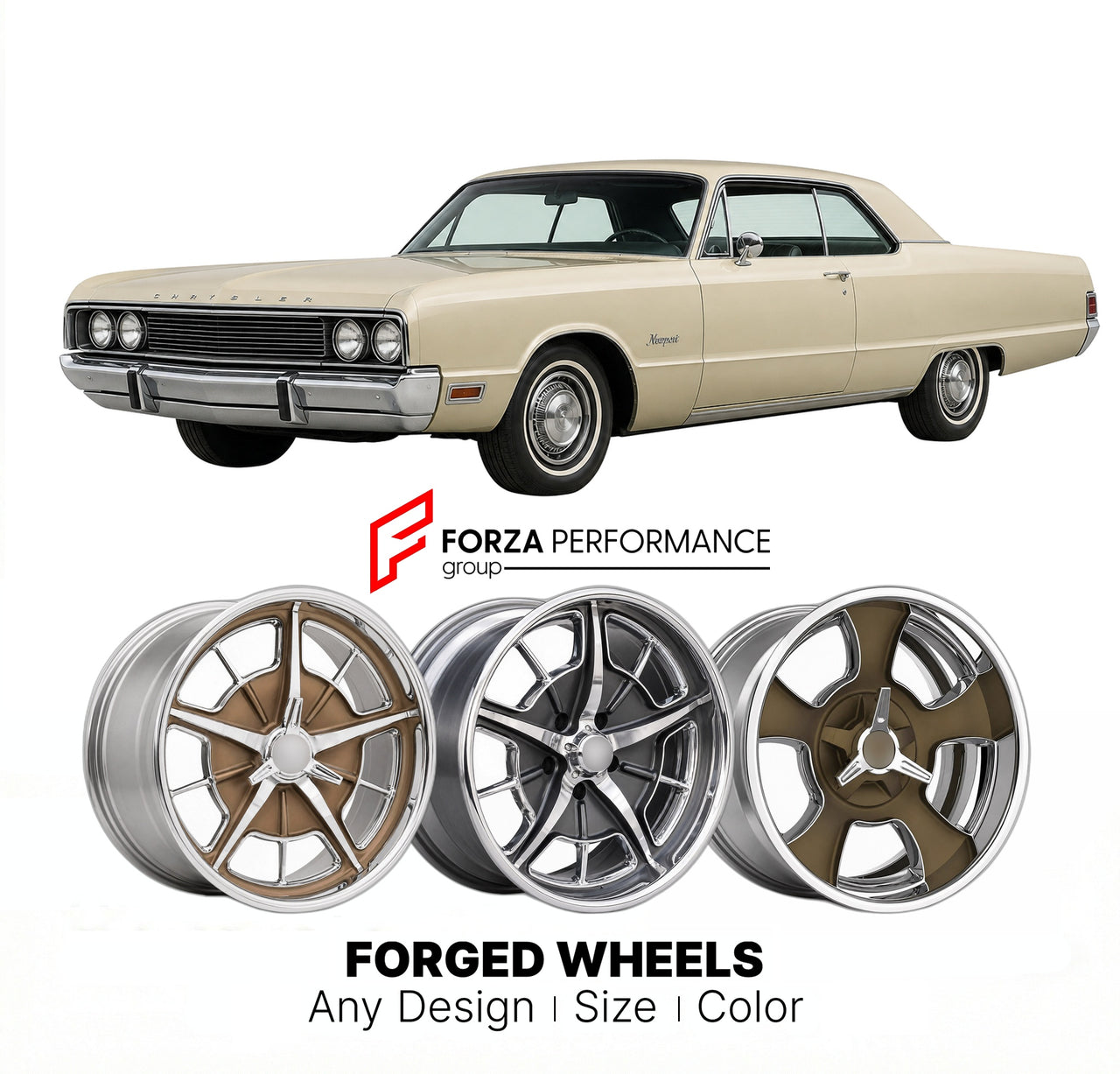 CUSTOM CLASSIC VINTAGE RESTOMOD RETRO OLD SCHOOL FORGED WHEELS RIMS for CHRYSLER NEWPORT 1969 - 1973
Custom forged wheels for classic American muscle cars. Ideal for restomod builds, vintage restorations, and show cars. Deep dish and retro styling available.

We manufacture premium quality forged wheels rims for Chrysler Newport 1969 - 1973 in any design, size, color.

THIS WHEEL DESIGN CAN BE CUSTOM-MADE FOR YOUR CAR IN ANY SIZE AND COLOR OPTIONS
Available in monoblock, 2-piece, 3-piece, duoblock, beadlock