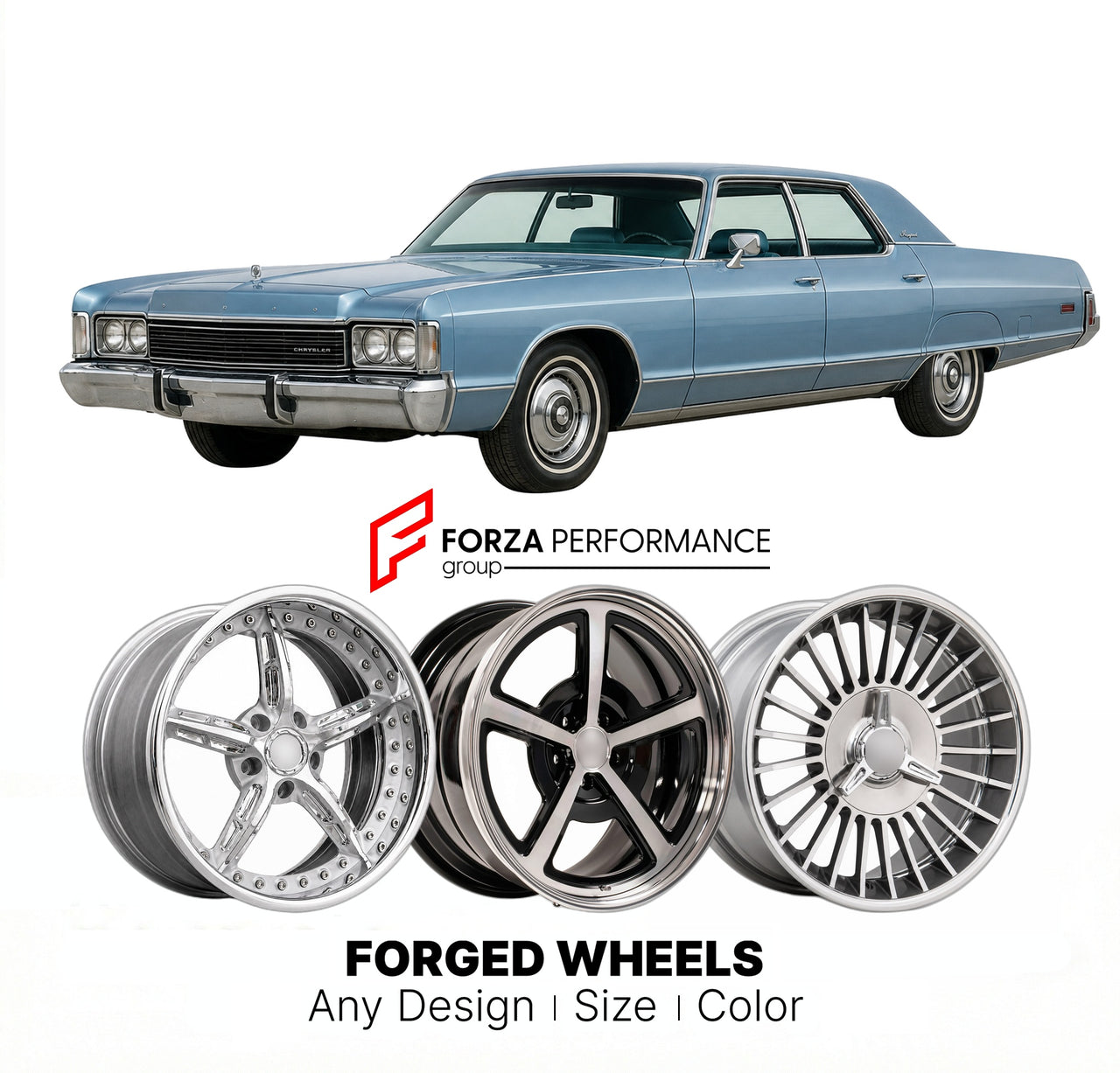 CUSTOM CLASSIC VINTAGE RESTOMOD RETRO OLD SCHOOL FORGED WHEELS RIMS for CHRYSLER NEWPORT 1974 - 1978
Custom forged wheels for classic American muscle cars. Ideal for restomod builds, vintage restorations, and show cars. Deep dish and retro styling available.

We manufacture premium quality forged wheels rims for Chrysler Newport 1974 - 1978 in any design, size, color.

THIS WHEEL DESIGN CAN BE CUSTOM-MADE FOR YOUR CAR IN ANY SIZE AND COLOR OPTIONS
Available in monoblock, 2-piece, 3-piece, duoblock, beadlock