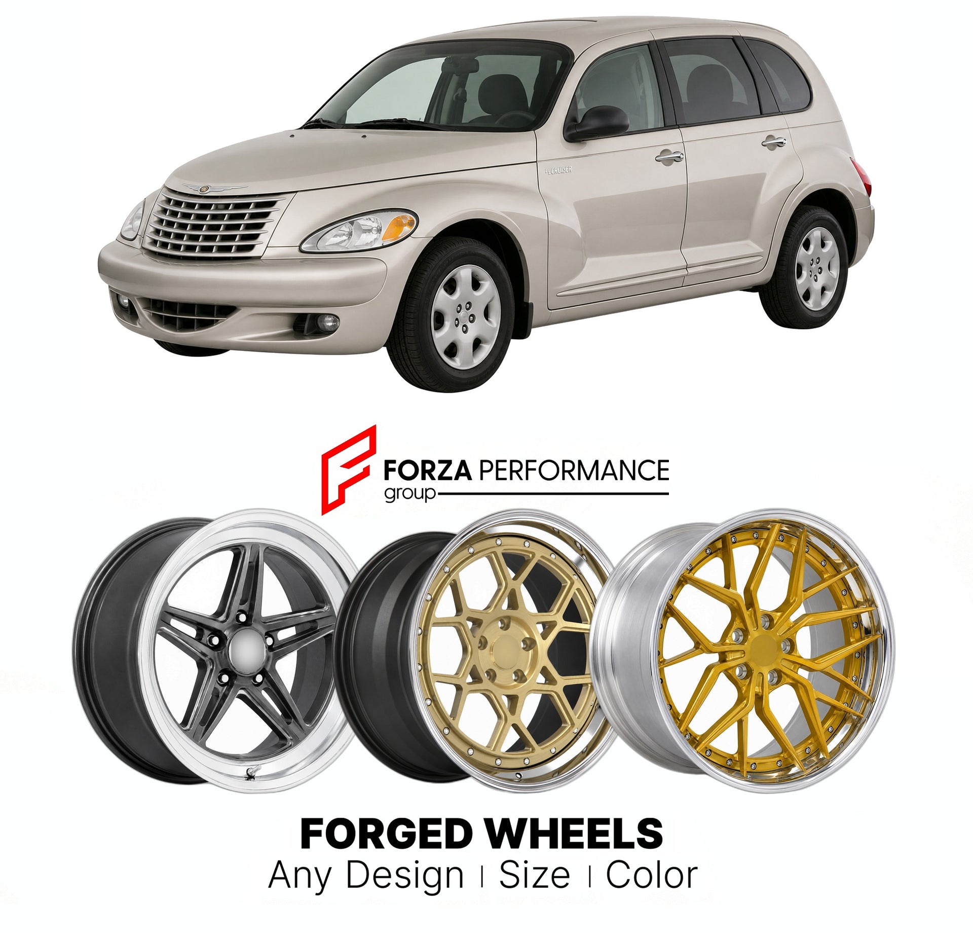 FORGED WHEELS RIMS for CHRYSLER PT CRUISER BASE 2001 - 2010

Custom forged wheels for Chrysler PT Cruiser Base 2001 - 2010. Made-to-order monoblock, 2-piece and 3-piece rims in custom sizes, offsets, colors and finishes with guaranteed fitment.

We manufacture premium quality forged wheels rims for Chrysler PT Cruiser Base 2001 - 2010 in any design, size, color.

THIS WHEEL DESIGN CAN BE CUSTOM-MADE FOR YOUR CAR IN ANY SIZE AND COLOR OPTIONS
Available in monoblock, 2-piece, 3-piece, duoblock, beadlock
3D wh