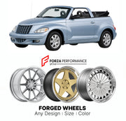 FORGED WHEELS RIMS for CHRYSLER PT CRUISER CONVERTIBLE 2001 - 2010

Custom forged wheels for Chrysler PT Cruiser Convertible 2001 - 2010. Made-to-order monoblock, 2-piece and 3-piece rims in custom sizes, offsets, colors and finishes with guaranteed fitment.

We manufacture premium quality forged wheels rims for Chrysler PT Cruiser Convertible 2001 - 2010 in any design, size, color.

THIS WHEEL DESIGN CAN BE CUSTOM-MADE FOR YOUR CAR IN ANY SIZE AND COLOR OPTIONS
Available in monoblock, 2-piece, 3-piece, duo