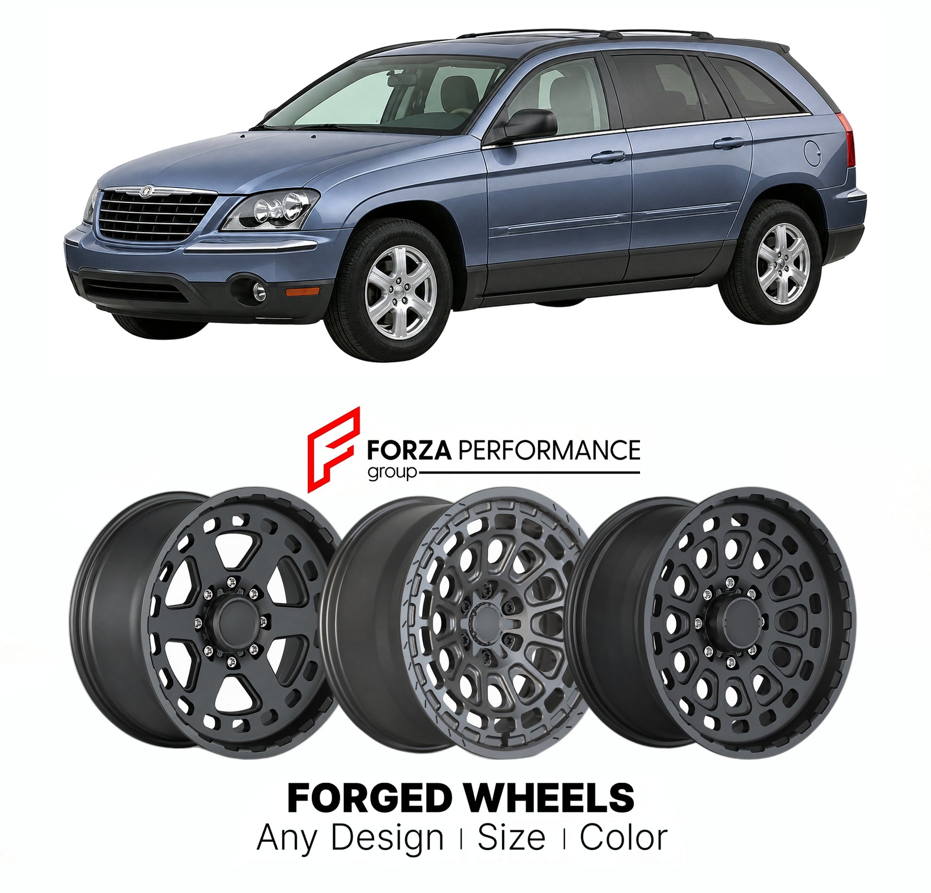 FORGED WHEELS RIMS for CHRYSLER PACIFICA BASE CS CROSSOVER 2004 - 2008

Custom forged wheels for Chrysler Pacifica Base CS Crossover 2004 - 2008. Made-to-order monoblock, 2-piece and 3-piece rims in custom sizes, offsets, colors and finishes with guaranteed fitment.

We manufacture premium quality forged wheels rims for Chrysler Pacifica Base CS Crossover 2004 - 2008 in any design, size, color.

THIS WHEEL DESIGN CAN BE CUSTOM-MADE FOR YOUR CAR IN ANY SIZE AND COLOR OPTIONS
Available in monoblock, 2-piece, 