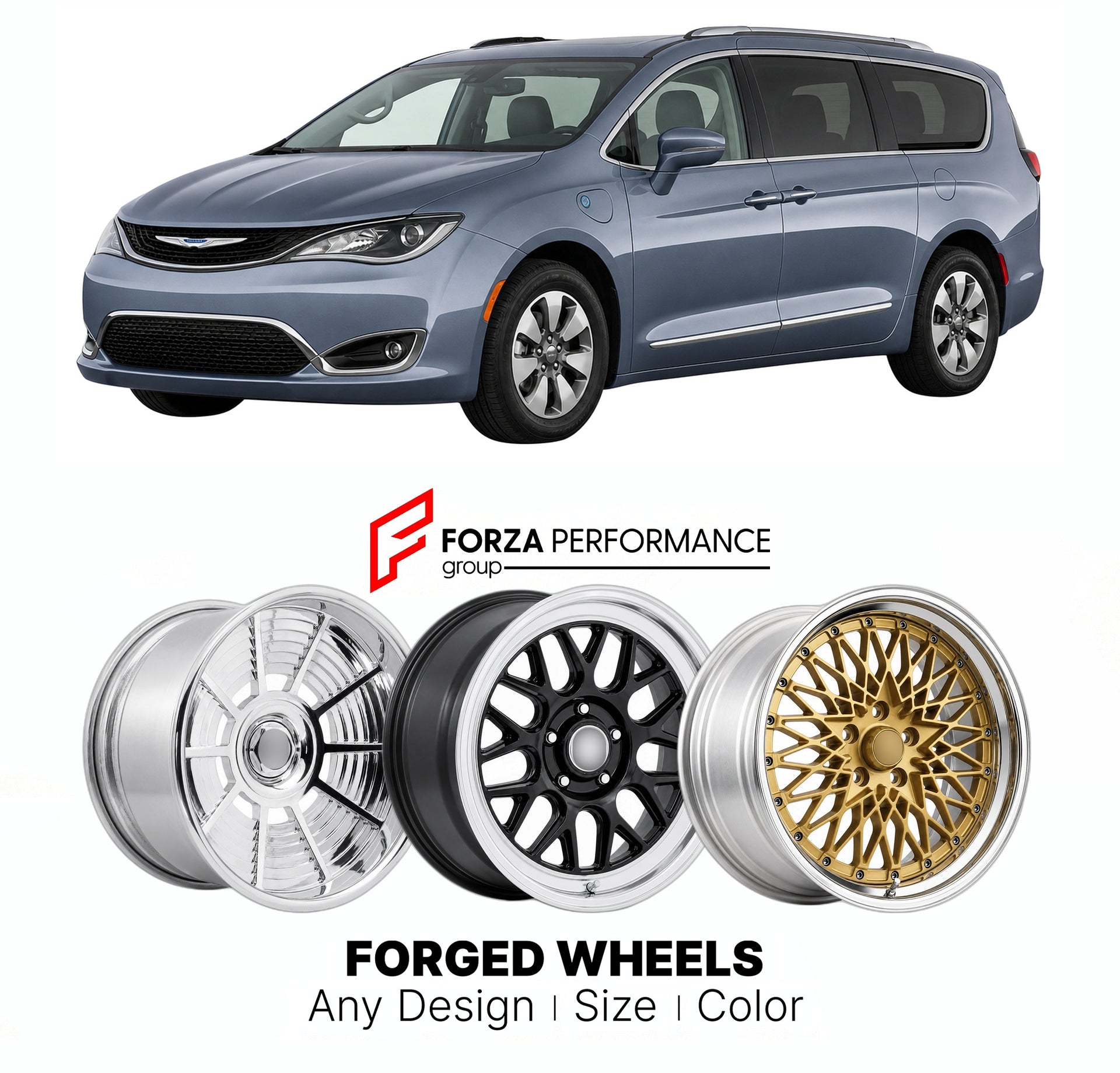 FORGED WHEELS RIMS for CHRYSLER PACIFICA HYBRID MINIVAN 2017+

Custom forged wheels for Chrysler Pacifica Hybrid Minivan 2017+. Made-to-order monoblock, 2-piece and 3-piece rims in custom sizes, offsets, colors and finishes with guaranteed fitment.

We manufacture premium quality forged wheels rims for Chrysler Pacifica Hybrid Minivan 2017+ in any design, size, color.

THIS WHEEL DESIGN CAN BE CUSTOM-MADE FOR YOUR CAR IN ANY SIZE AND COLOR OPTIONS
Available in monoblock, 2-piece, 3-piece, duoblock, beadlock