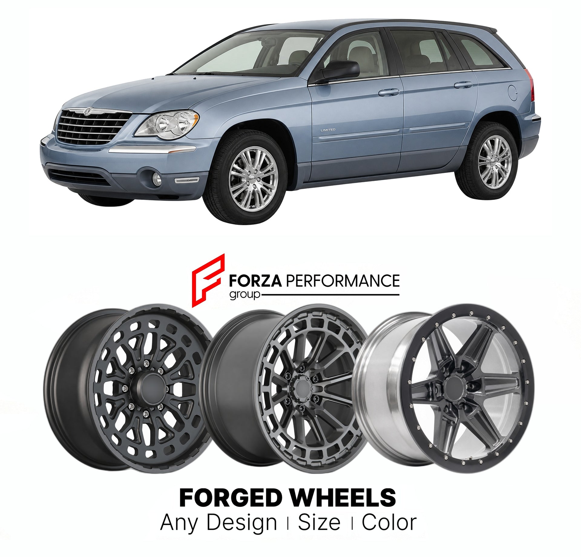 FORGED WHEELS RIMS for CHRYSLER PACIFICA LIMITED CS CROSSOVER 2004 - 2008

Custom forged wheels for Chrysler Pacifica Limited CS Crossover 2004 - 2008. Made-to-order monoblock, 2-piece and 3-piece rims in custom sizes, offsets, colors and finishes with guaranteed fitment.

We manufacture premium quality forged wheels rims for Chrysler Pacifica Limited CS Crossover 2004 - 2008 in any design, size, color.

THIS WHEEL DESIGN CAN BE CUSTOM-MADE FOR YOUR CAR IN ANY SIZE AND COLOR OPTIONS
Available in monoblock, 