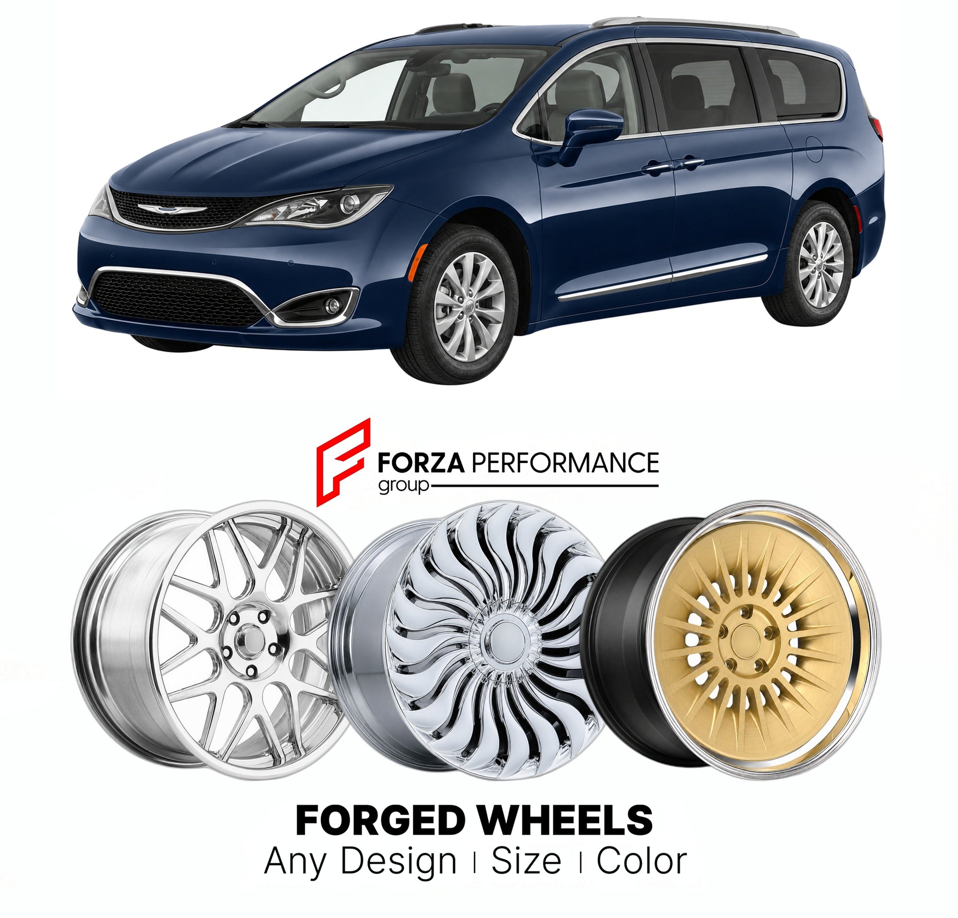 FORGED WHEELS RIMS for CHRYSLER PACIFICA LIMITED MINIVAN 2017+

Custom forged wheels for Chrysler Pacifica Limited Minivan 2017+. Made-to-order monoblock, 2-piece and 3-piece rims in custom sizes, offsets, colors and finishes with guaranteed fitment.

We manufacture premium quality forged wheels rims for Chrysler Pacifica Limited Minivan 2017+ in any design, size, color.

THIS WHEEL DESIGN CAN BE CUSTOM-MADE FOR YOUR CAR IN ANY SIZE AND COLOR OPTIONS
Available in monoblock, 2-piece, 3-piece, duoblock, beadl