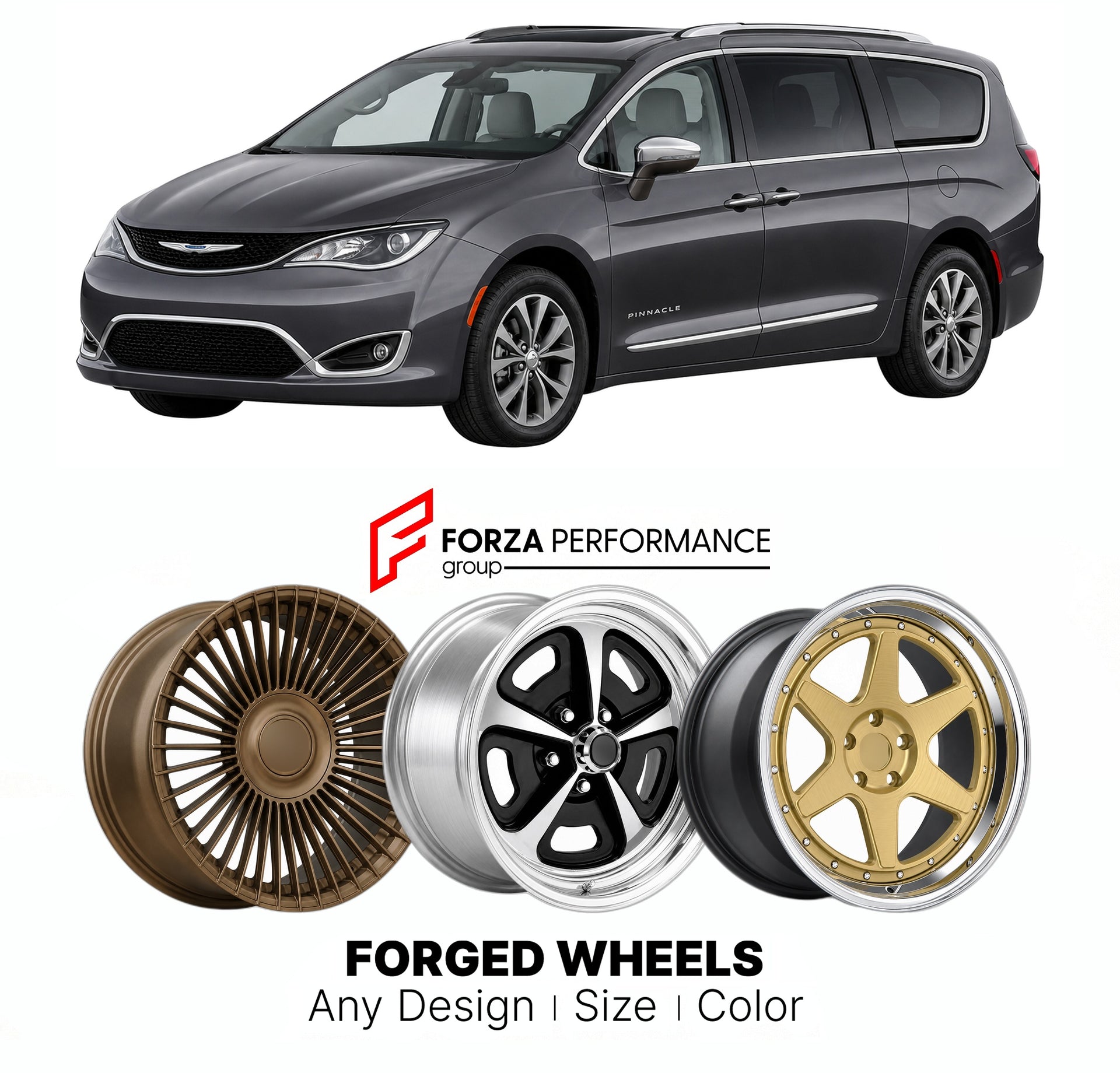 FORGED WHEELS RIMS for CHRYSLER PACIFICA PINNACLE MINIVAN 2017+

Custom forged wheels for Chrysler Pacifica Pinnacle Minivan 2017+. Made-to-order monoblock, 2-piece and 3-piece rims in custom sizes, offsets, colors and finishes with guaranteed fitment.

We manufacture premium quality forged wheels rims for Chrysler Pacifica Pinnacle Minivan 2017+ in any design, size, color.

THIS WHEEL DESIGN CAN BE CUSTOM-MADE FOR YOUR CAR IN ANY SIZE AND COLOR OPTIONS
Available in monoblock, 2-piece, 3-piece, duoblock, be
