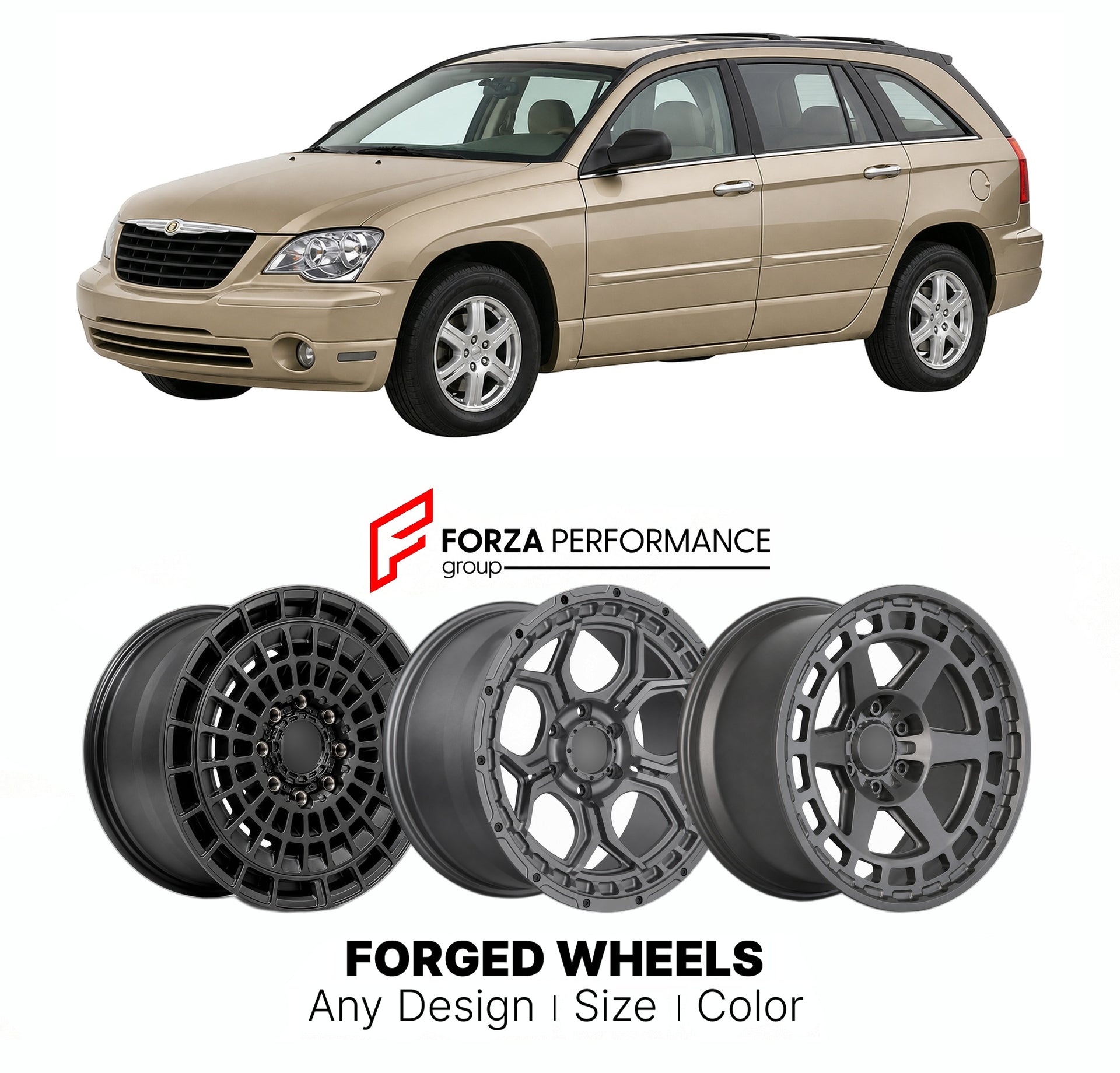 FORGED WHEELS RIMS for CHRYSLER PACIFICA TOURING CS CROSSOVER 2004 - 2008

Custom forged wheels for Chrysler Pacifica Touring CS Crossover 2004 - 2008. Made-to-order monoblock, 2-piece and 3-piece rims in custom sizes, offsets, colors and finishes with guaranteed fitment.

We manufacture premium quality forged wheels rims for Chrysler Pacifica Touring CS Crossover 2004 - 2008 in any design, size, color.

THIS WHEEL DESIGN CAN BE CUSTOM-MADE FOR YOUR CAR IN ANY SIZE AND COLOR OPTIONS
Available in monoblock, 