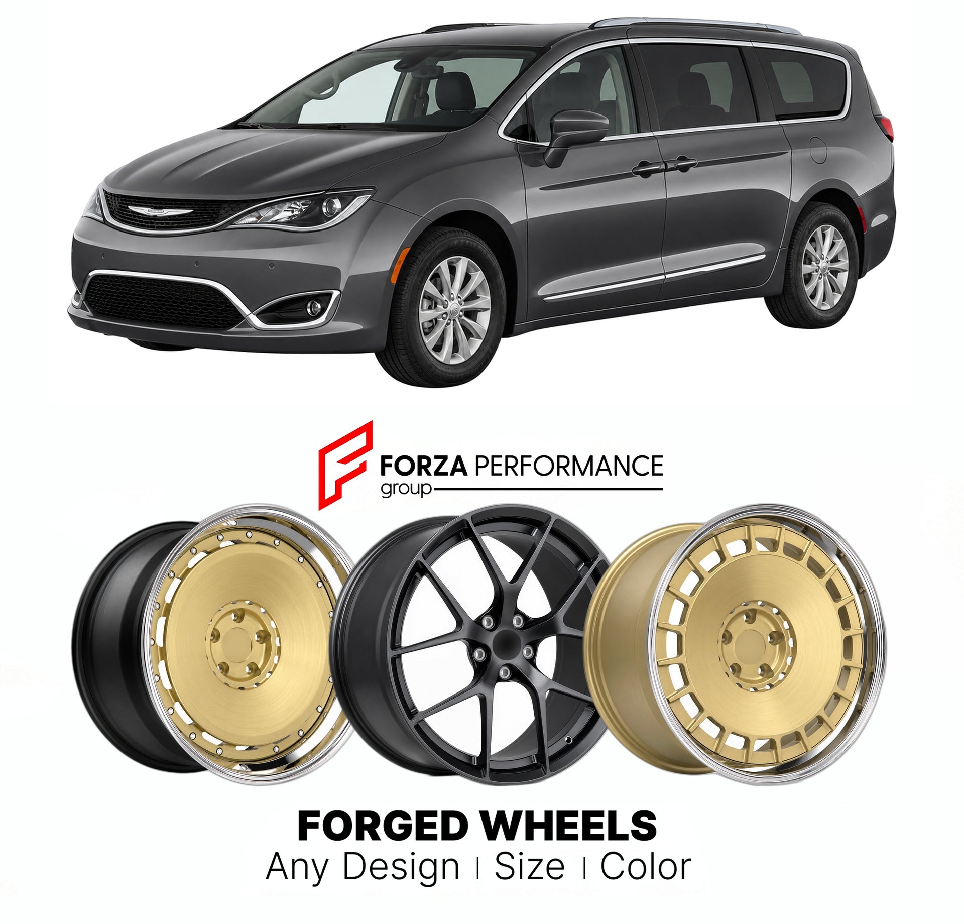 FORGED WHEELS RIMS for CHRYSLER PACIFICA TOURING L MINIVAN 2017+

Custom forged wheels for Chrysler Pacifica Touring L Minivan 2017+. Made-to-order monoblock, 2-piece and 3-piece rims in custom sizes, offsets, colors and finishes with guaranteed fitment.

We manufacture premium quality forged wheels rims for Chrysler Pacifica Touring L Minivan 2017+ in any design, size, color.

THIS WHEEL DESIGN CAN BE CUSTOM-MADE FOR YOUR CAR IN ANY SIZE AND COLOR OPTIONS
Available in monoblock, 2-piece, 3-piece, duoblock,