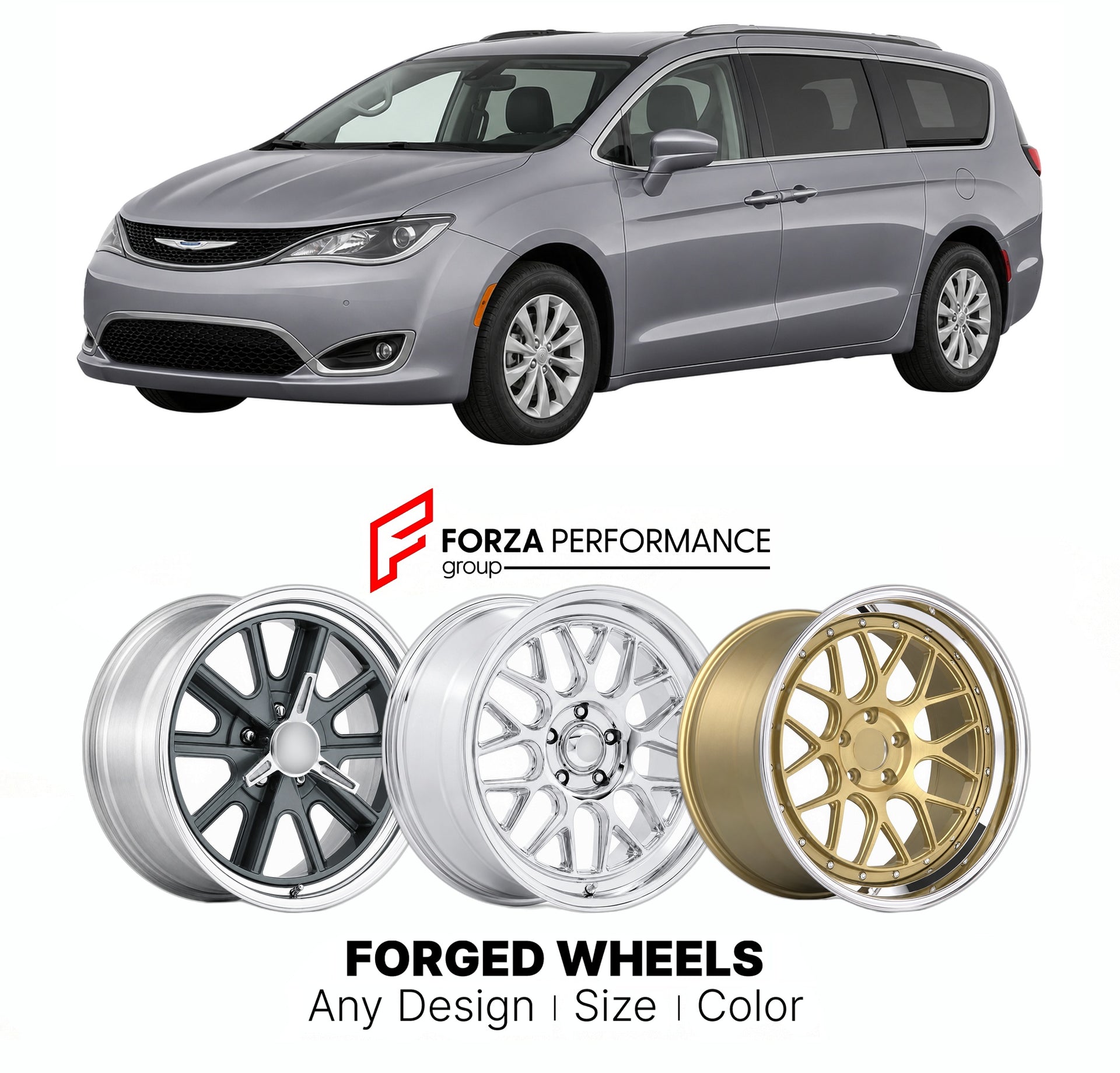 FORGED WHEELS RIMS for CHRYSLER PACIFICA TOURING MINIVAN 2017+

Custom forged wheels for Chrysler Pacifica Touring Minivan 2017+. Made-to-order monoblock, 2-piece and 3-piece rims in custom sizes, offsets, colors and finishes with guaranteed fitment.

We manufacture premium quality forged wheels rims for Chrysler Pacifica Touring Minivan 2017+ in any design, size, color.

THIS WHEEL DESIGN CAN BE CUSTOM-MADE FOR YOUR CAR IN ANY SIZE AND COLOR OPTIONS
Available in monoblock, 2-piece, 3-piece, duoblock, beadl