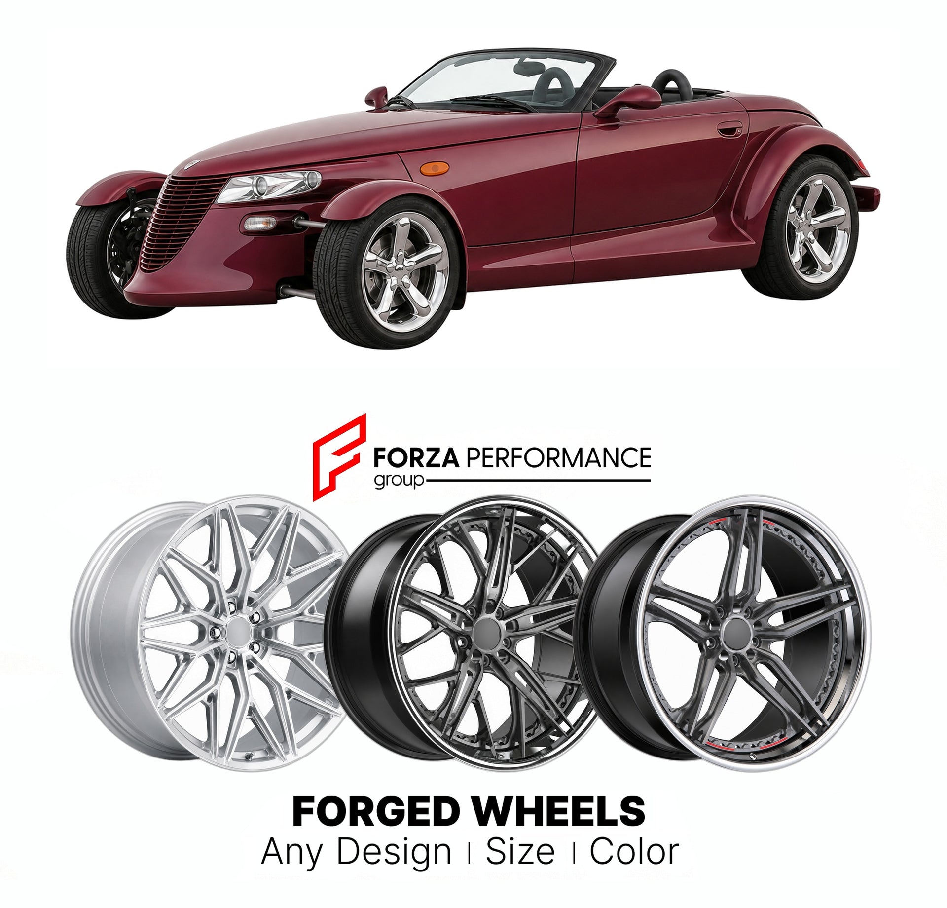FORGED WHEELS RIMS for CHRYSLER PROWLER MULHOLLAND EDITION 2001 - 2002

Custom forged wheels for Chrysler Prowler Mulholland Edition 2001 - 2002. Made-to-order monoblock, 2-piece and 3-piece rims in custom sizes, offsets, colors and finishes with guaranteed fitment.

We manufacture premium quality forged wheels rims for Chrysler Prowler Mulholland Edition 2001 - 2002 in any design, size, color.

THIS WHEEL DESIGN CAN BE CUSTOM-MADE FOR YOUR CAR IN ANY SIZE AND COLOR OPTIONS
Available in monoblock, 2-piece, 