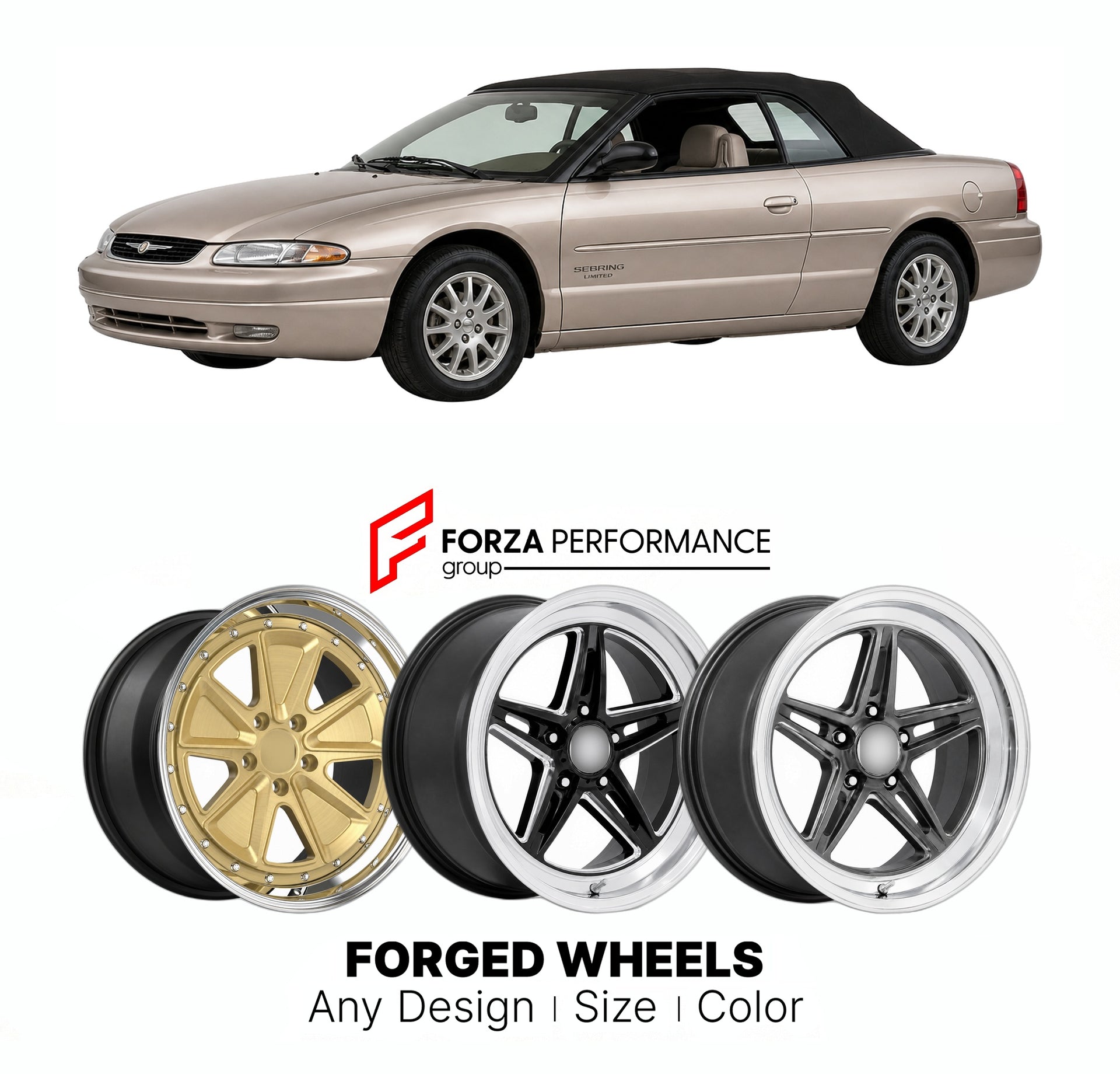 FORGED WHEELS RIMS for CHRYSLER SEBRING LIMITED CONVERTIBLE 1995 - 2010

Custom forged wheels for Chrysler Sebring Limited Convertible 1995 - 2010. Made-to-order monoblock, 2-piece and 3-piece rims in custom sizes, offsets, colors and finishes with guaranteed fitment.

We manufacture premium quality forged wheels rims for Chrysler Sebring Limited Convertible 1995 - 2010 in any design, size, color.

THIS WHEEL DESIGN CAN BE CUSTOM-MADE FOR YOUR CAR IN ANY SIZE AND COLOR OPTIONS
Available in monoblock, 2-piec