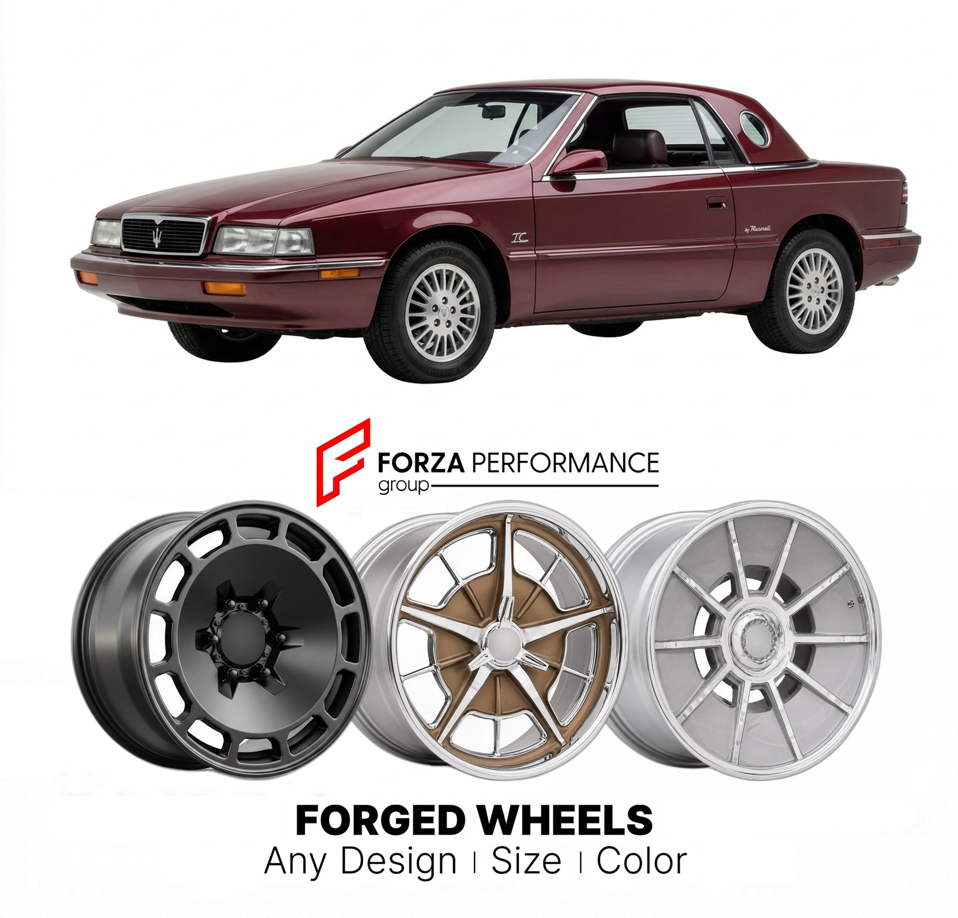 CUSTOM CLASSIC VINTAGE RESTOMOD RETRO OLD SCHOOL FORGED WHEELS RIMS for CHRYSLER TC BY MASERATI 1989 - 1990
Custom forged wheels for classic American muscle cars. Ideal for restomod builds, vintage restorations, and show cars. Deep dish and retro styling available.

We manufacture premium quality forged wheels rims for Chrysler TC by Maserati 1989 - 1990 in any design, size, color.

THIS WHEEL DESIGN CAN BE CUSTOM-MADE FOR YOUR CAR IN ANY SIZE AND COLOR OPTIONS
Available in monoblock, 2-piece, 3-piece, duob